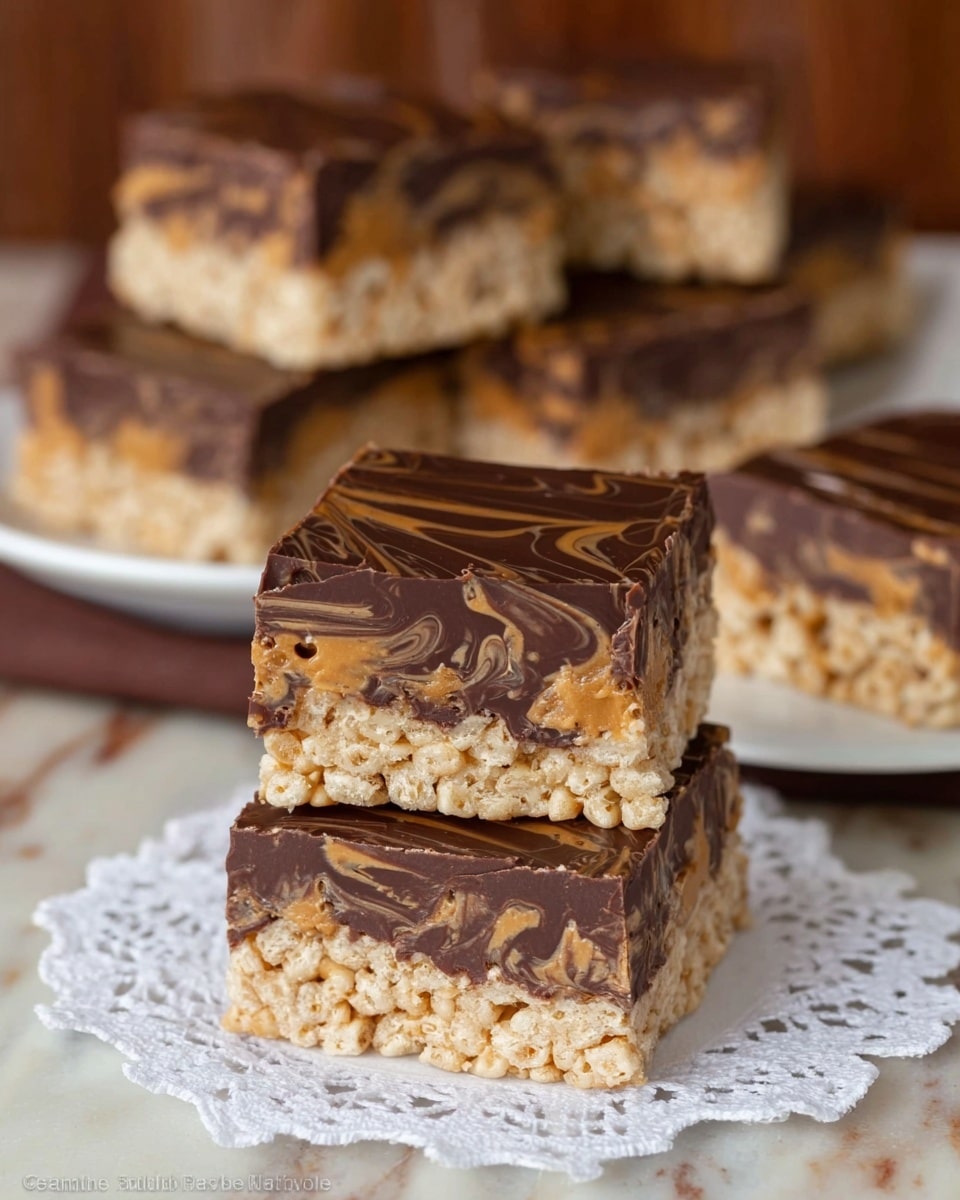 A close-up of a square layered treat sits on a white lace doily over a white marbled surface, showing three clear layers: the bottom and top layers are light tan with a crispy, airy texture like puffed rice cereal mixed with a sticky binder, the middle layer is a thick, creamy peanut butter filling with swirls of dark brown chocolate, and the top layer is a smooth, thick chocolate coating that shines slightly under the light. Behind, several more squares of the same treat are stacked and spread on white plates on the same white marbled surface, with a blurred brown background. Photo taken with an iphone --ar 4:5 --v 7