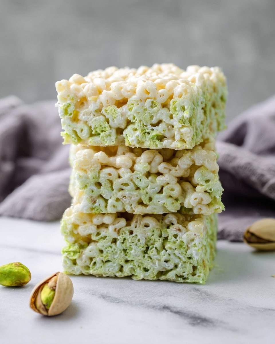 The image shows three square white rice crispy treats stacked on top of each other, each with a light green tint mixed into the crispy rice. The layers are thick and slightly uneven with visible puffed rice pieces bound together by a soft, glossy, and sticky coating. The treats are placed on a light gray white marbled surface with a blurred gray cloth in the background. There are two pistachio nuts lying on the surface near the stack, one closer in the foreground and another slightly to the right. photo taken with an iphone --ar 4:5 --v 7
