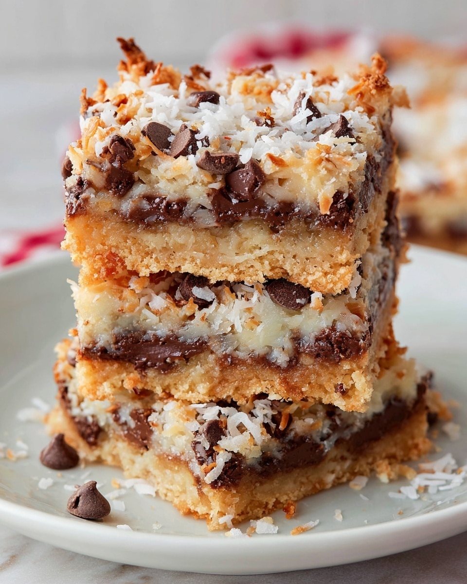 A stack of three thick bars sits on a white plate with some crumbs scattered around. Each bar has three visible layers: the bottom layer is a golden brown, crumbly crust; the middle layer is a gooey, creamy mixture with melted chocolate chips; the top layer is a mix of toasted shredded coconut and more chocolate chips, creating a textured and slightly crunchy surface. The bars look rich and moist with chocolate spots melting into the creamy part, all set against a white marbled texture background. photo taken with an iphone --ar 4:5 --v 7