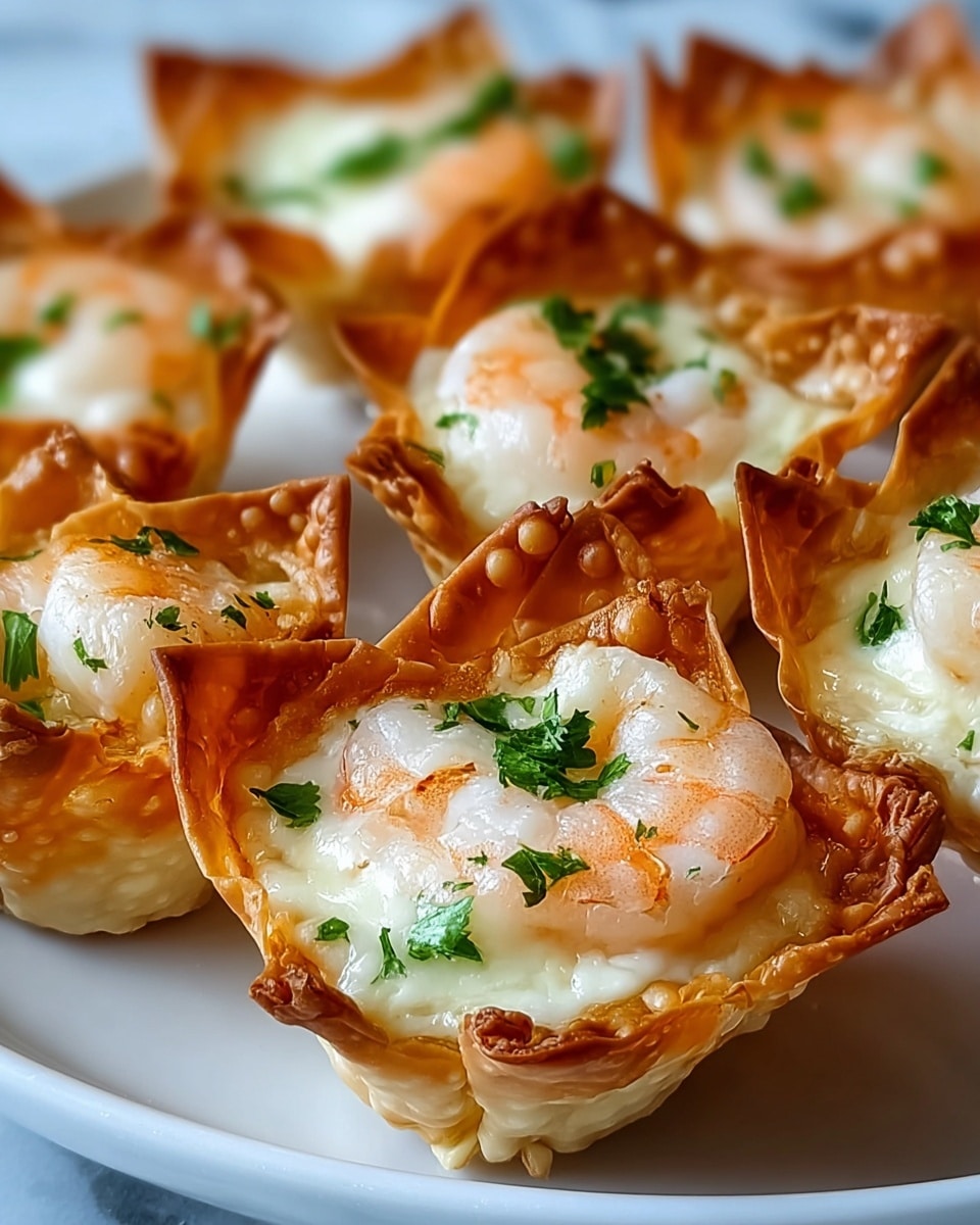 The image shows several small crispy golden-brown wonton cups each holding a filling made of creamy melted white cheese topped with small cooked shrimp that have a light orange-pink color. Each cup is garnished with small bright green chopped herbs, likely parsley, scattered over the cheese and shrimp. The cups have a slightly crinkled texture on the edges, adding to their crisp look. The background is a white marbled surface, and the cups are placed close together on a white plate that slightly curves up at the edges. photo taken with an iphone --ar 4:5 --v 7