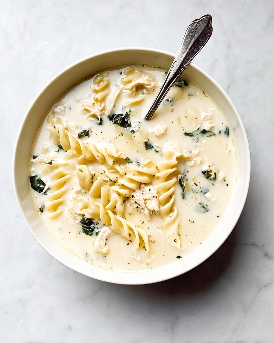 A white bowl filled with creamy soup that has three layers of soft twisted pasta with light yellow color, tender shredded white chicken pieces scattered throughout, and small dark green spinach leaves mixed in. The soup itself looks smooth, thick, and off-white in color, coating all the ingredients evenly. There is a silver spoon resting inside the bowl on the right side. The bowl sits on a white marbled surface, creating a clean and simple backdrop. Photo taken with an iphone --ar 4:5 --v 7