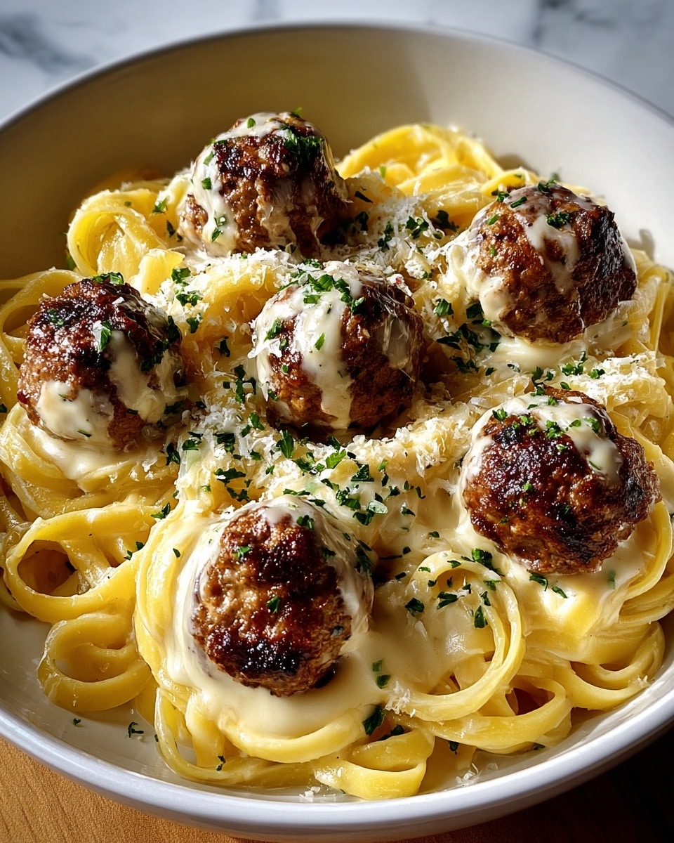 A white bowl filled with creamy pasta as the bottom layer, with a smooth and glossy light yellow sauce coating the noodles, arranged in a circular nest shape. On top are eight browned, round meatballs, each covered partially with melted creamy white cheese sauce. The dish is sprinkled with finely chopped green herbs and a dusting of grated cheese, adding texture and color contrast against the pasta and meatballs. The background is a white marbled texture with warm light highlighting the dish's rich colors and textures. Photo taken with an iphone --ar 4:5 --v 7