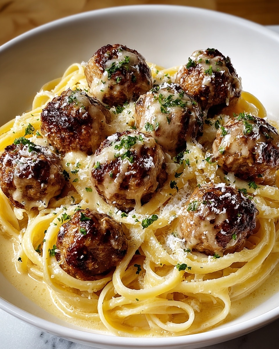 A white bowl filled with creamy, light yellow spaghetti noodles twisted into a nest on the bottom layer, topped with eight browned meatballs that have a slightly crispy texture. Each meatball is coated with melted cheese and small green parsley flakes sprinkled over both the meatballs and noodles. A light dusting of grated cheese is scattered throughout the dish, adding a fine white powder on top and around the edges, all set on a white marbled surface. photo taken with an iphone --ar 4:5 --v 7