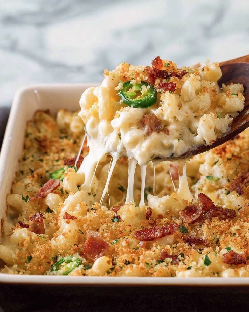 A close-up view of a cheesy baked macaroni dish in a white rectangular pan, with a wooden spoon lifting a portion that shows gooey, melted white cheese stretching from the main dish. The macaroni is pale yellow and mixed with small bits of crispy browned topping and green slices of jalapeño, adding texture and color contrast. The top layer is golden and crumbly with scattered pieces of reddish-brown bacon and sprinkled herbs. The background has a soft, white marbled texture, enhancing the dish’s warm and creamy look. photo taken with an iphone --ar 4:5 --v 7