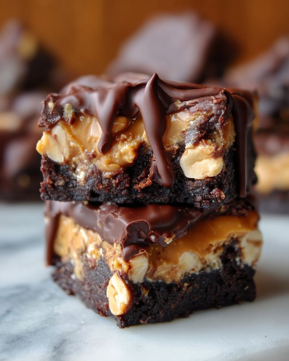 The image shows two stacked dessert bars with three visible layers. The bottom layer is a dark, moist chocolate brownie with a slightly rough texture. The middle layer is creamy peanut butter mixed with whole peanuts, light tan in color, and slightly chunky. The top layer is a smooth, thick dark chocolate coating that partially drips down the sides. The background is a white marbled surface, and a blurred hint of dark objects can be seen behind the stack. Photo taken with an iphone --ar 4:5 --v 7