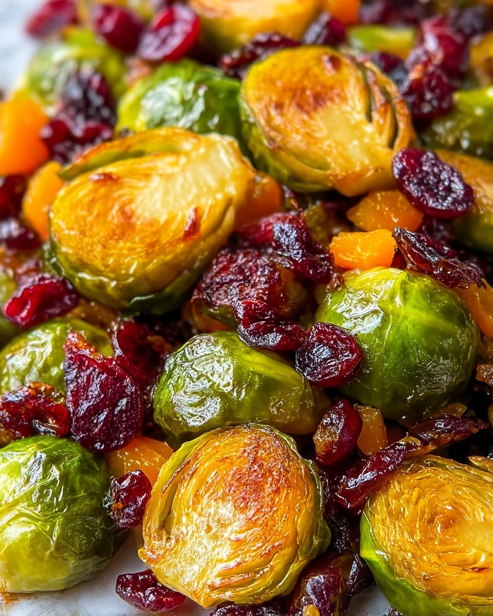 The image shows a close-up of a dish with several layers of roasted Brussels sprouts, cut in half to reveal their golden-brown, crispy edges and soft, tender centers. Mixed in are small pieces of bright orange roasted carrots and deep red dried cranberries, adding contrast in color and texture. The Brussels sprouts have a glossy finish from oil or glaze, making them look shiny and appetizing. The overall colors include light and dark green from the Brussels sprouts, golden-yellow from the roasted parts, vivid orange from the carrots, and dark red from the cranberries. The dish looks warm, crisp, and fresh on a white marbled surface. photo taken with an iphone --ar 4:5 --v 7