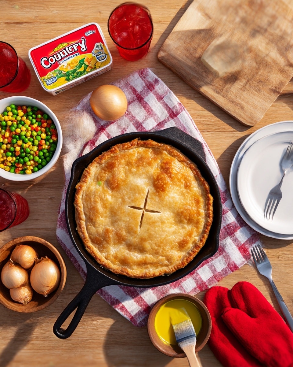 A golden-brown pie with a flaky, crisp top layer sits in a black cast iron skillet at the center of the image; the pie has a slightly darker brown patch in the middle with cut vents forming an X shape. The skillet rests on a red and white checkered cloth. Around it are various items on a white marbled surface: a white plate with two silver forks on the lower left, two red glasses filled with ice and a red drink, a brown bowl with melted yellow butter and a brush resting inside it, a container of Country Crock Original spread, a wooden cutting board with a wooden spoon on top, a brown bowl with four onions, a small white bowl of mixed green peas, yellow corn, and orange carrot pieces, and a pair of red oven mitts placed in the front. The arrangement is bright and warm, shaped for a rustic, cozy meal setting. photo taken with an iphone --ar 4:5 --v 7