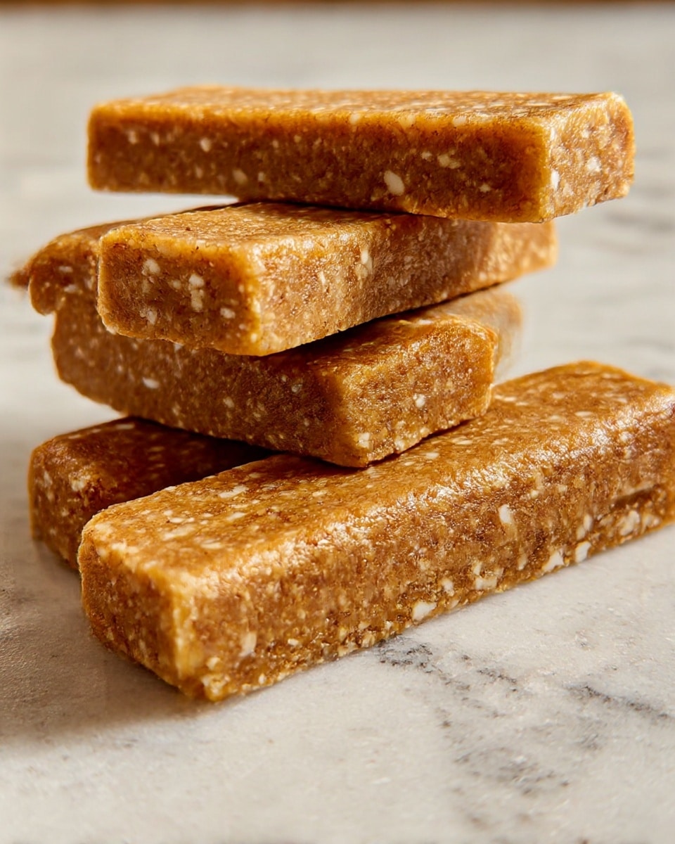 The image shows five rectangular energy bars stacked in a small pile on a white marbled surface. Each bar is a light brown color with small white seed bits visible throughout, giving them a textured look. The bars have smooth, flat sides with slightly rounded edges, appearing dense and chewy. The close-up view highlights the grainy texture, with a warm tone and soft light reflecting off the surface of the bars. The bars are arranged in a way that three lie side by side at the bottom and two rest neatly on top of them. photo taken with an iphone --ar 4:5 --v 7
