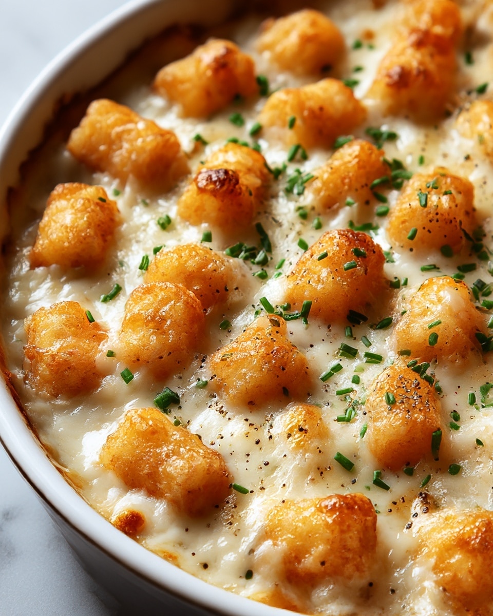 A close-up view of a white oval dish filled with a two-layer baked dish; the bottom layer is creamy and smooth white sauce, topped with golden-brown crispy tater tots that have bubbly melted cheese on the surface, sprinkled with finely chopped green herbs and black pepper, all resting on a white marbled background. Photo taken with an iphone --ar 4:5 --v 7
