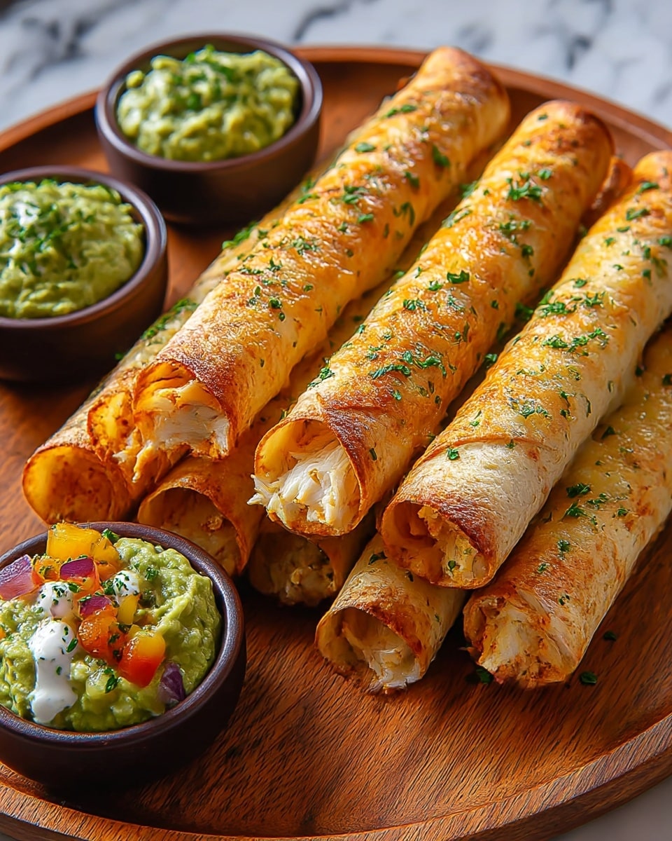 The image shows six golden-brown rolled taquitos arranged in two rows on a round wooden plate, each taquito covered with a slight crispy texture and sprinkled with chopped green herbs on top; the filling of shredded white chicken and melted cheese is slightly visible at the open ends. On the lower left corner of the plate, there are two small dark brown bowls filled with bright green guacamole, one topped with colorful diced red, yellow, and purple vegetables and a bit of white sauce with a green herb on it. The background is a white marbled surface. photo taken with an iphone --ar 4:5 --v 7