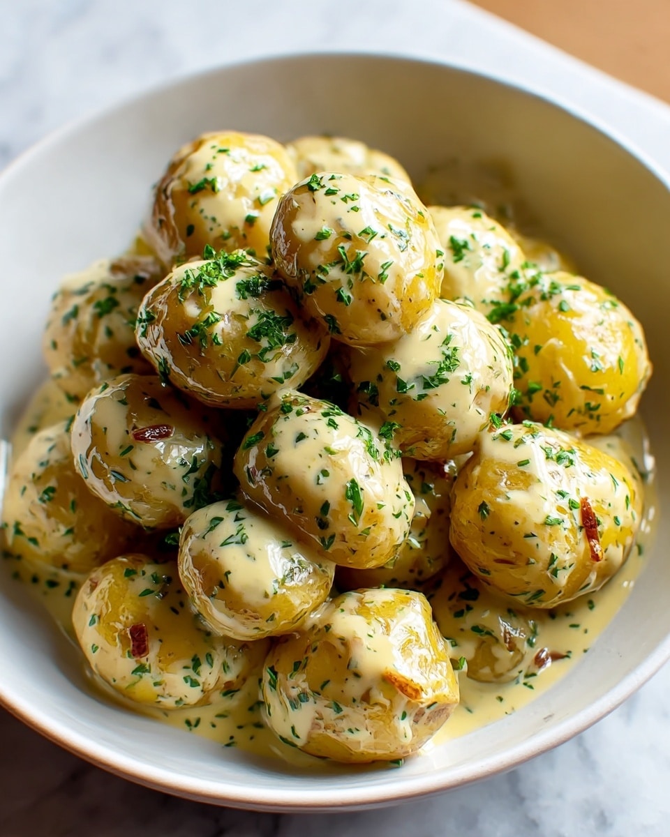 A white shallow bowl filled with small, round, golden-brown potatoes that have a slightly wrinkled texture. The potatoes are covered in a creamy sauce that is light yellow with green herb specks and small bits of reddish-brown seasoning. The sauce is thick and drapes over the potatoes, pooling slightly in the bottom of the bowl. The dish is garnished with fresh green chopped herbs scattered evenly on top. The bowl sits on a surface with a white marbled texture and is partly covered by a dark blue cloth in the background. Photo taken with an iphone --ar 4:5 --v 7