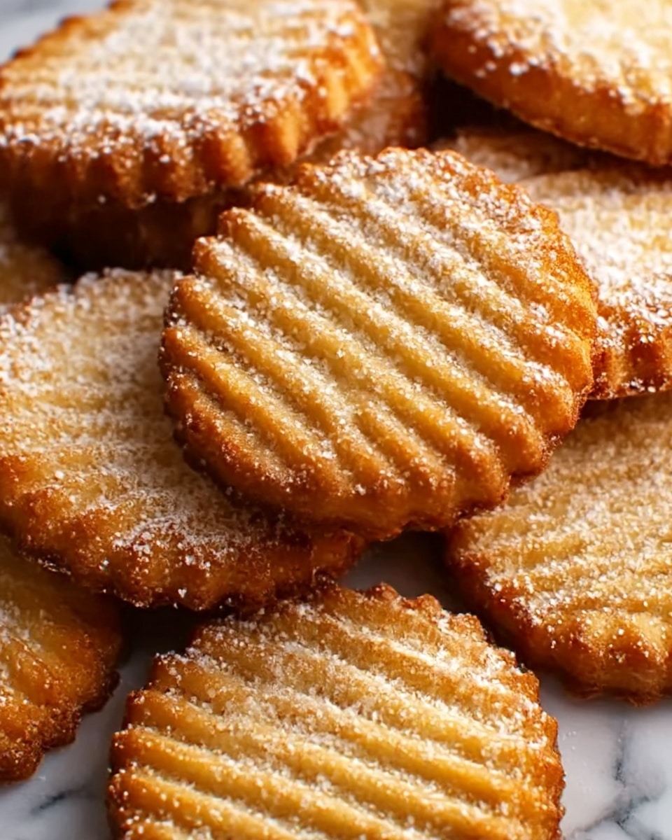 The image shows several round cookies with ridged edges stacked closely together on a white marbled surface. Each cookie has a golden-brown color with slightly darker edges and a textured, ribbed pattern on top. A light dusting of powdered sugar is sprinkled unevenly across the surface of the cookies, adding a soft white contrast to the warm tones. The cookies appear crispy and crunchy, with some overlapping, creating a layered effect. Photo taken with an iphone --ar 4:5 --v 7