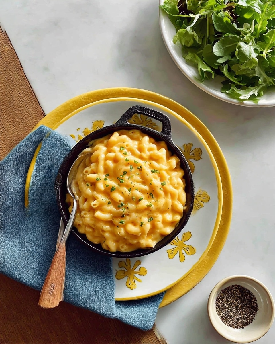A black cast iron dish filled with creamy, golden macaroni and cheese, topped with small green chives, sits on a dark blue cloth napkin. The dish is placed on a white plate with yellow edges and patterns around it, which rests on a brown wooden table with visible grain. To the top right, there is a white plate holding fresh green and purple leafy salad. Near the bottom right is a small light brown bowl filled with cracked black pepper. photo taken with an iphone --ar 4:5 --v 7