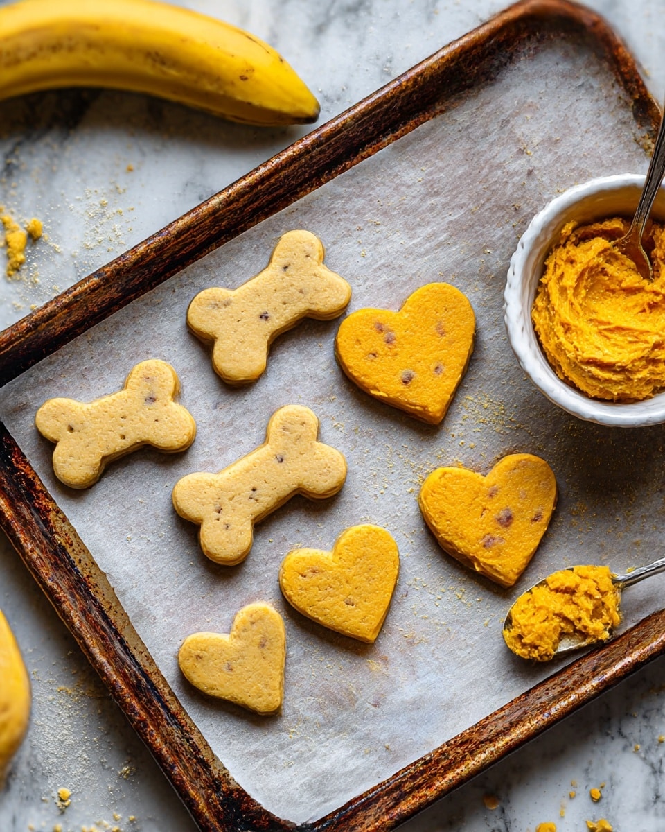 The image shows a rusty baking tray lined with parchment paper placed on a white marbled surface. On the parchment, there are eight unbaked dog treats shaped like bones and hearts arranged in two rows. The bone-shaped treats have a smooth, light beige dough with small dark specks throughout, while the heart-shaped treats have a thicker, bright orange dough mixed with bits of ingredients, giving them a chunky texture. To the top right corner of the tray is a white ceramic bowl filled with the same bright orange dough, and a spoon rests on the tray's edge with a scoop of the dough on it. A yellow banana lies at the bottom left corner, partially visible, and crumbs and powder are scattered around the tray. photo taken with an iphone --ar 4:5 --v 7
