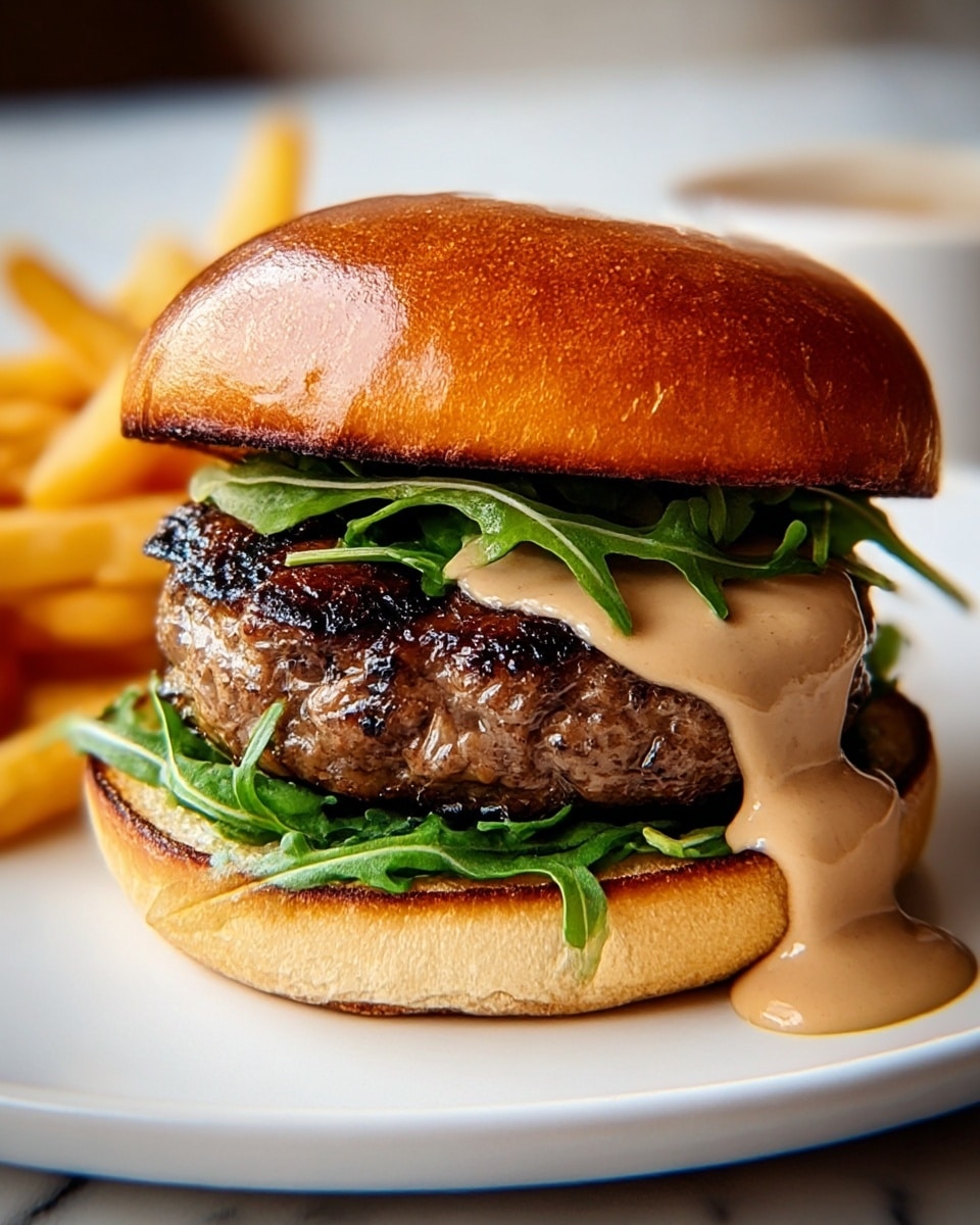 A close-up burger with several layers is shown on a white plate against a white marbled background. The bottom layer is a toasted golden-brown bun with a slightly rough texture. On top of it is green leafy arugula with fresh, slightly curled edges. Above the greens sits a thick, charred beef patty, showing a crispy dark brown surface with juicy texture. A thick layer of creamy brown sauce is dripping down from the patty, covering parts of the greens and the bun, pooling slightly on the plate. The burger is capped with a shiny, toasted golden-brown top bun that has a smooth, slightly glossy crust. Behind the burger, a portion of golden yellow French fries can be seen blurred. photo taken with an iphone --ar 4:5 --v 7