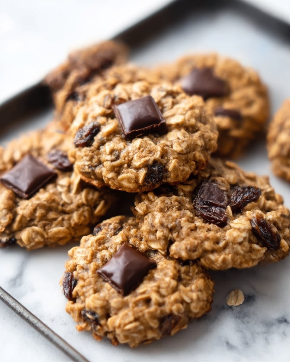 The image shows several oatmeal cookies on a black tray sitting on a white marbled surface. Each cookie has a rough texture with visible oats and some dark raisin pieces scattered throughout. Most cookies have a small chunk of dark chocolate on top, slightly glossy and smooth, contrasting with the rough oat texture underneath. The cookies are arranged with some stacked in the center and others spread around on the tray, creating a casual, homemade feel. photo taken with an iphone --ar 4:5 --v 7