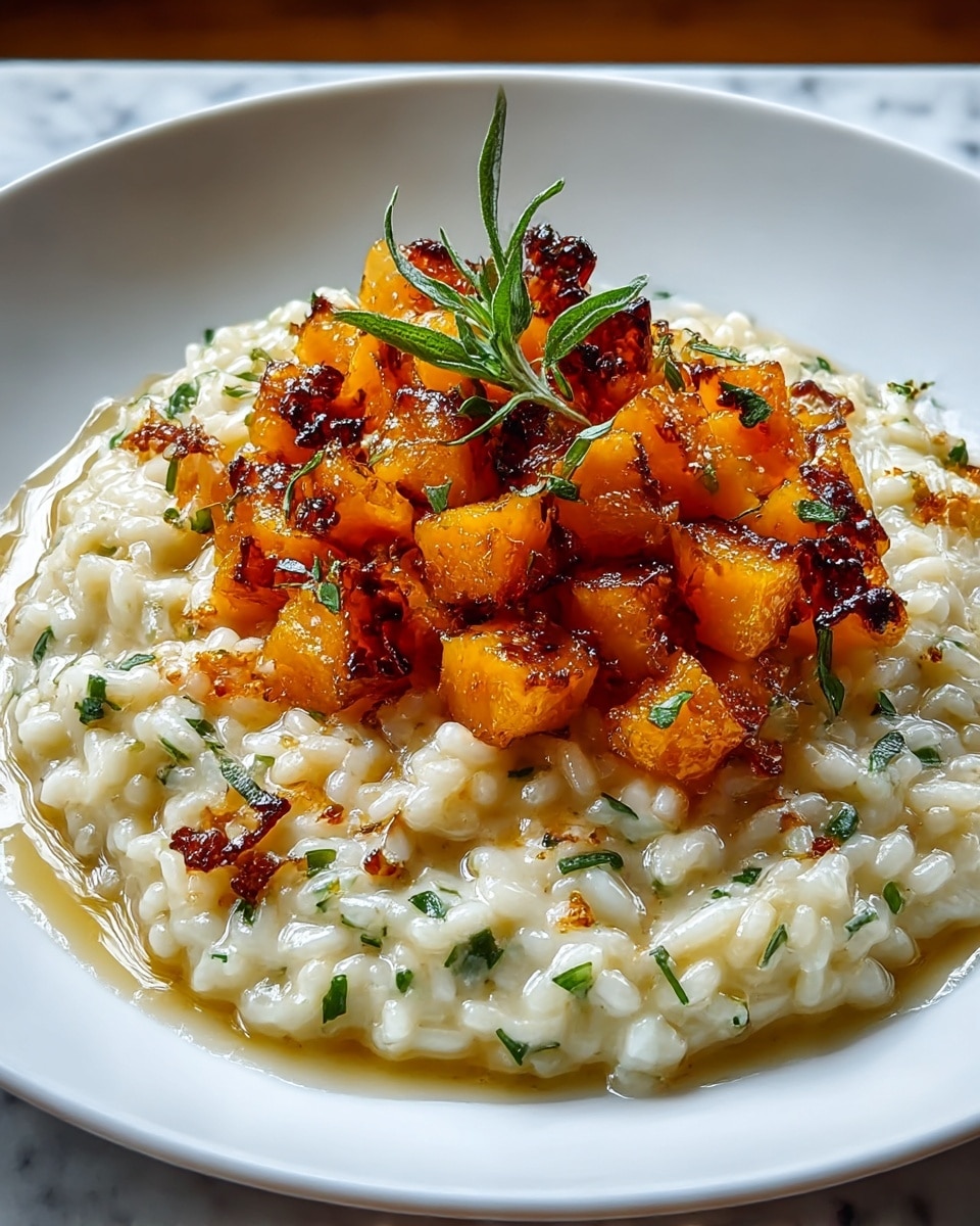 A white shallow plate holds a creamy risotto base with a soft, slightly glossy texture, mixed with small green herb pieces scattered throughout. On top, there is a layer of caramelized orange-yellow roasted cubes, likely butternut squash or pumpkin, with dark brown crisp edges that give a shiny and textured look. A small green herb sprig is placed on the very top center as garnish. The plate is set on a white marbled surface, creating a clean and simple but appetizing presentation. photo taken with an iphone --ar 4:5 --v 7