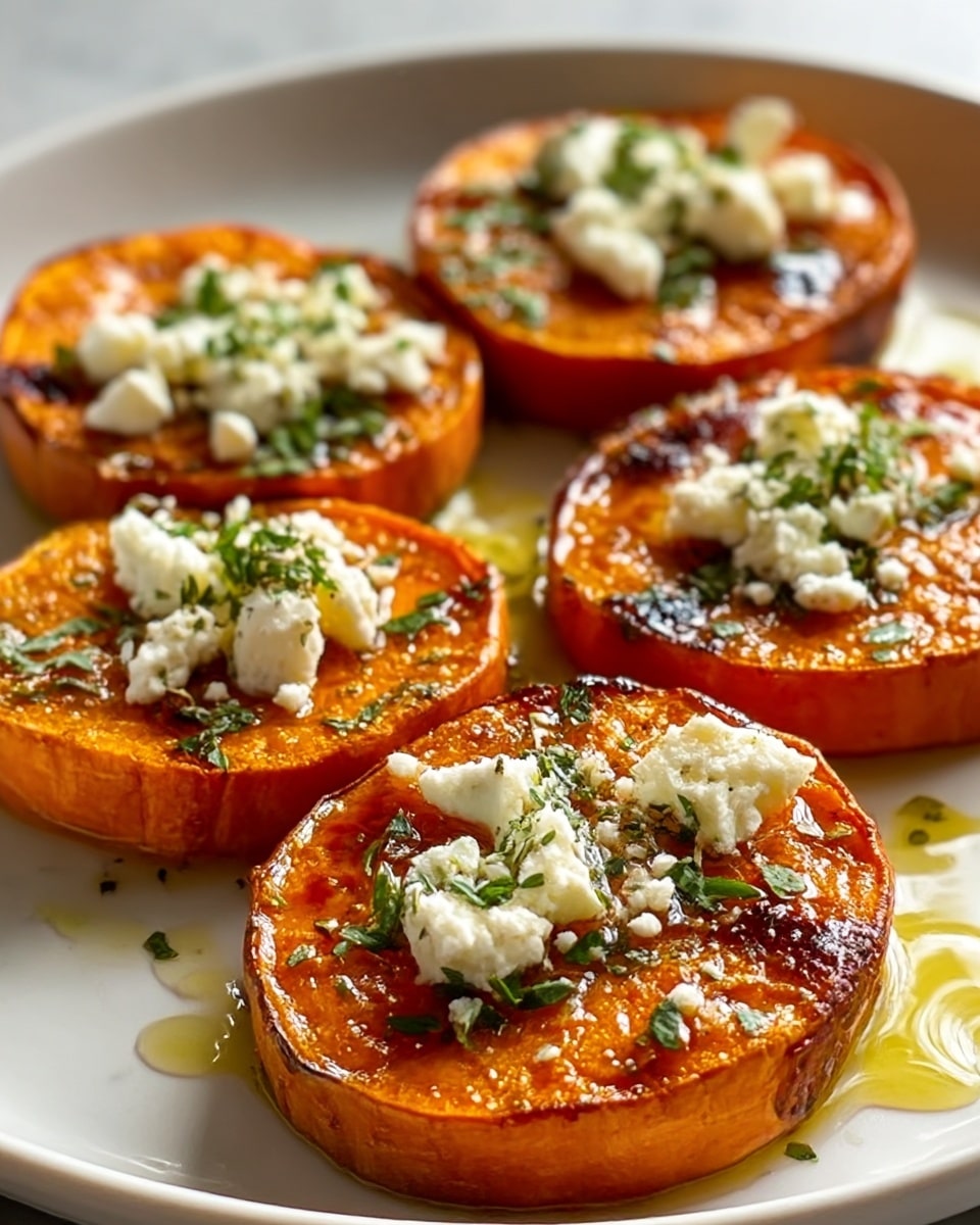 The image shows four thick, round slices of roasted orange sweet potato arranged closely on a white plate. Each slice has a slight caramelized char on top, giving it a glossy texture. On top of each slice is a small pile of crumbled white cheese, sprinkled with finely chopped green herbs. There are droplets of golden olive oil glistening around the slices, adding shine. The plate is placed on a white marbled surface with soft, natural lighting highlighting the warm colors and textures of the dish. Photo taken with an iphone --ar 4:5 --v 7