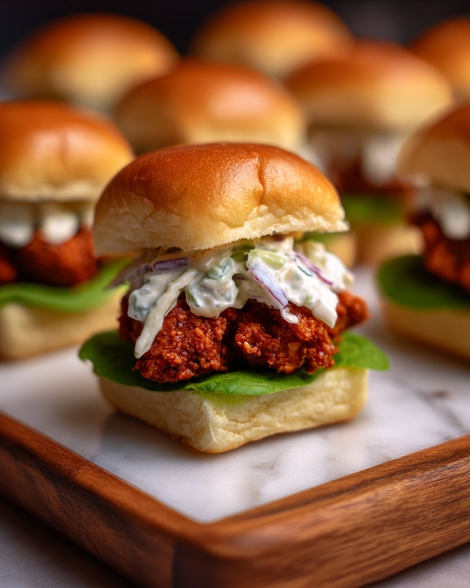 A close-up view of a small sandwich placed on a wooden board with a white marbled texture underneath. The sandwich has three visible layers: the bottom is a square soft white bun, followed by a green leafy lettuce leaf, then a crispy reddish-brown fried chicken piece with a crunchy texture, topped with a creamy white coleslaw with small bits of purple and green vegetables, and finished with a shiny golden-brown soft bun on top. In the background, there are several similarly made sandwiches slightly out of focus. photo taken with an iphone --ar 4:5 --v 7