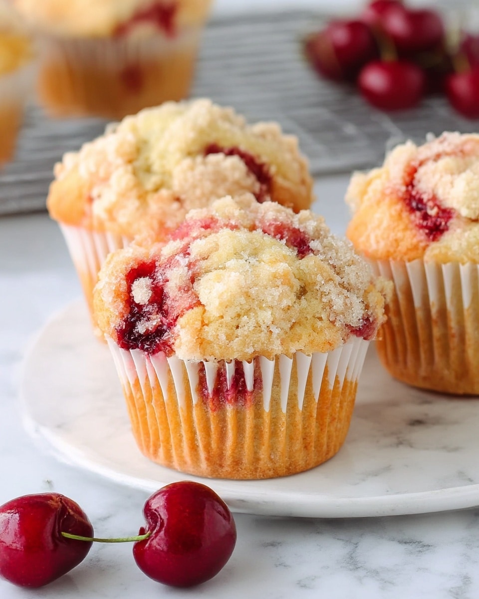 The image shows three muffins on a white round plate placed on a white marbled surface. Each muffin has a golden-brown crumb topping with a rough texture covering the top layer. Below the crumb, a dark red cherry filling peeks through in spots, adding a glossy and slightly moist look. The muffin base is light brown with a soft, crumbly texture, wrapped in white paper liners. In front of the muffins on the plate, there are three fresh dark red cherries with shiny skins and green stems. The background is softly blurred with additional cherries visible, adding a pop of red color. photo taken with an iphone --ar 4:5 --v 7