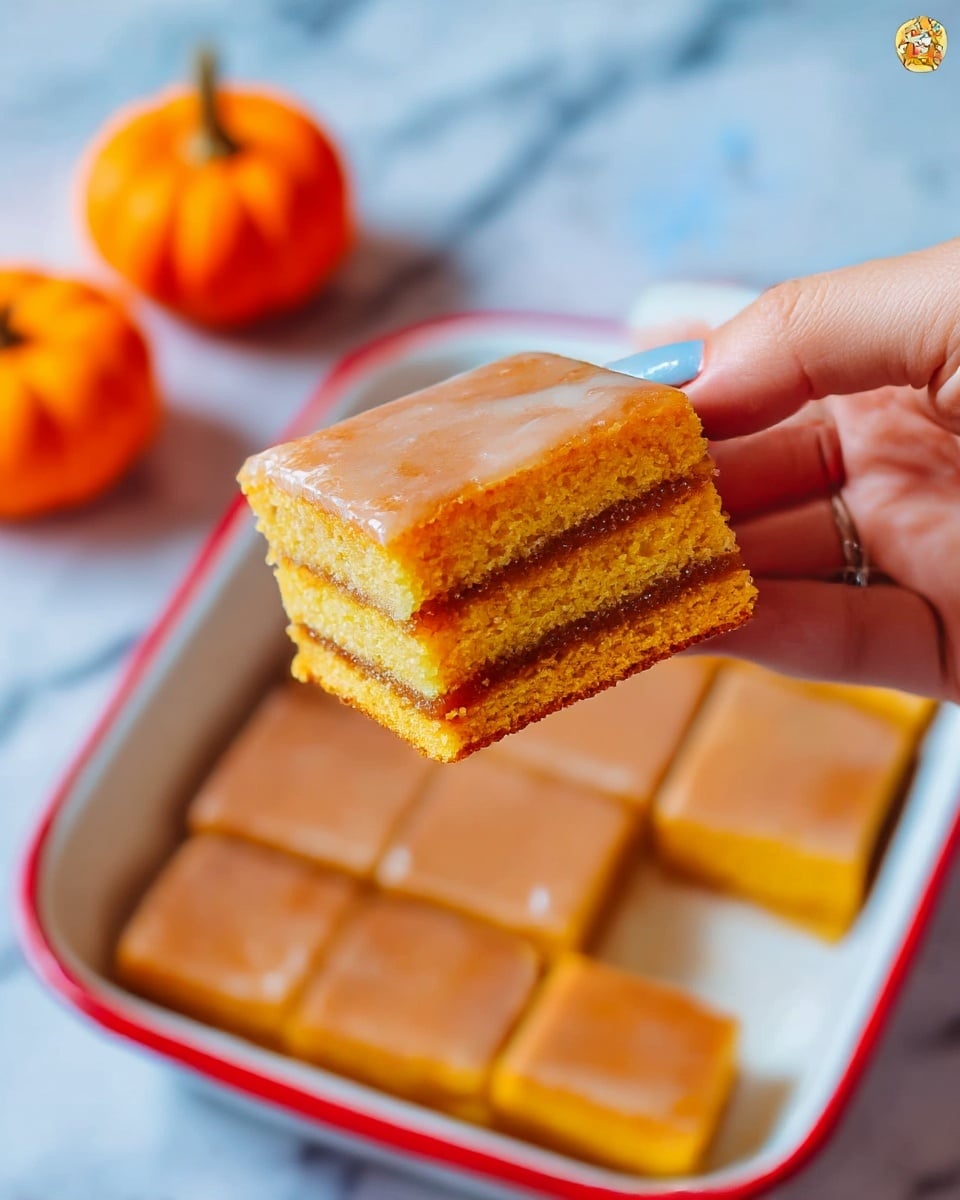 A square piece of bright orange cake is being lifted by a woman’s hand holding a light blue spatula. The cake has three layers: a thick, moist orange bottom layer, a thin middle layer of darker brown filling, and a shiny white glaze on top. The cake piece is shown close-up above the rest of the cake, which is cut into squares on a large white tray with a red rim. In the background, out of focus, there are two small orange pumpkins and a white marbled surface behind them. photo taken with an iphone --ar 4:5 --v 7