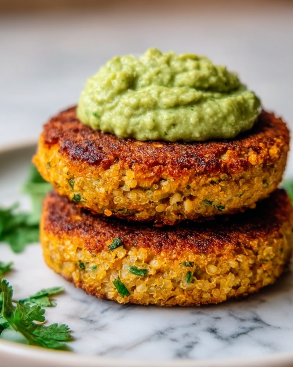 A stack of three golden-brown patties with a crispy texture is placed on a white plate. Each patty shows a rough, crunchy surface with small green herb pieces inside. On top of the stack, there is a thick dollop of green, creamy guacamole with a slightly chunky texture. The plate is set on a white marbled surface with some green herb leaves partially visible near the bottom left. The photo taken with an iphone --ar 4:5 --v 7