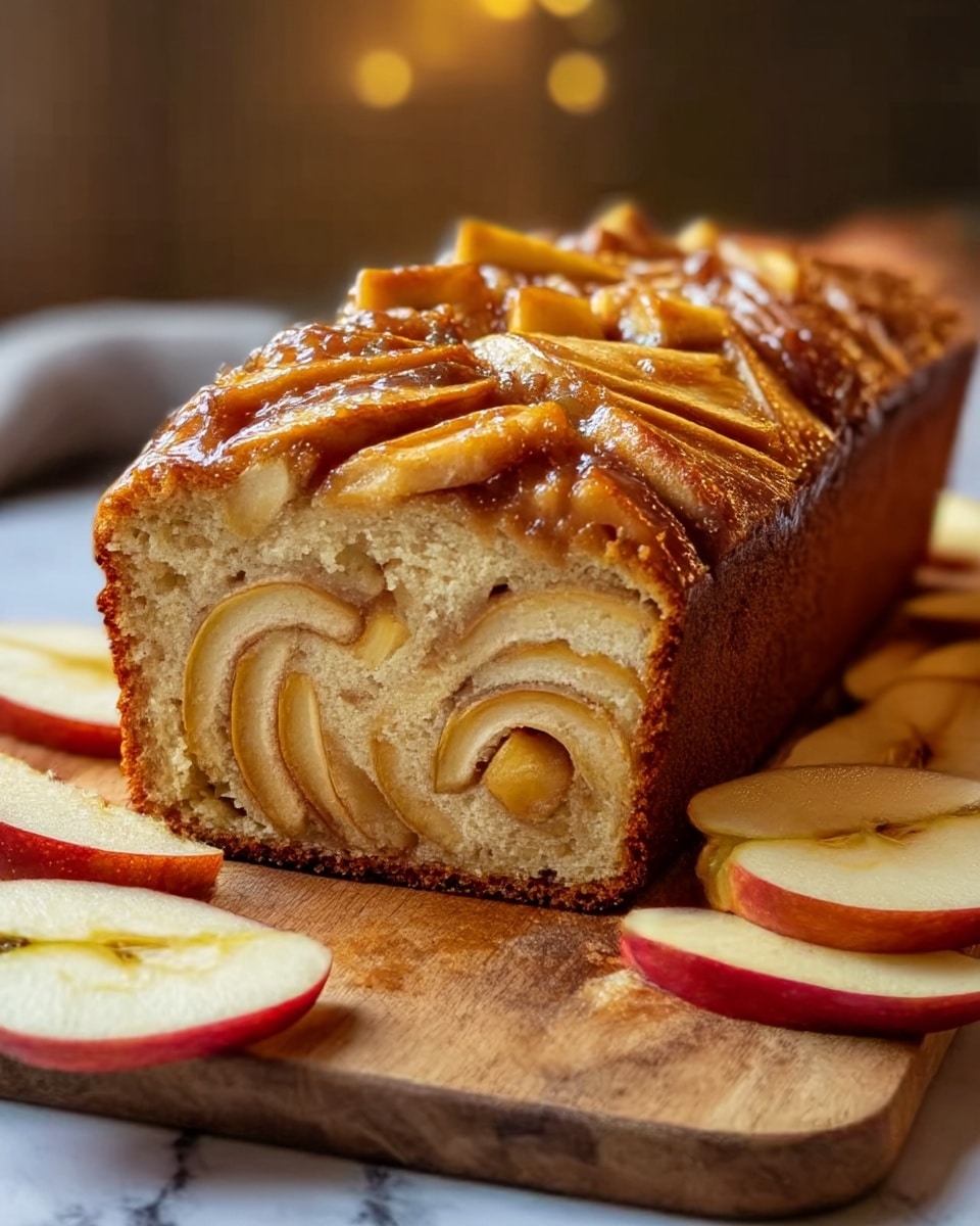 A loaf shaped apple cake with a golden brown crust topped with a thick layer of glossy, caramelized apple chunks. Inside, the cake has visible layers of soft, spiraled apple slices with a light, moist, beige-colored batter surrounding them. The cake is sliced, showing the detailed swirl inside. Thin apple slices with red skin are placed around the wooden board on which the cake sits. The background has a soft focus with warm lighting. The photo is taken on a white marbled surface. Photo taken with an iphone --ar 4:5 --v 7