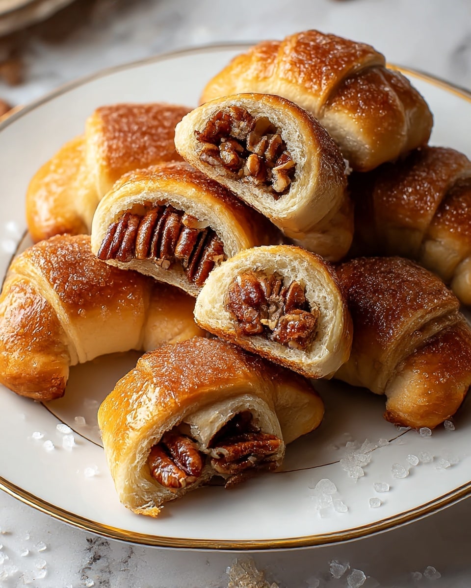 The image shows a close-up of seven golden-brown crescent rolls filled with pecans on a white plate with gold trim. Each roll has a shiny, caramelized sugar coating on the crisp, flaky layers of the rolled dough. The pecans inside are rich, glossy, and slightly caramelized, visible where some rolls are cut in half, revealing multiple layers of soft, airy dough surrounding the nut filling. The white plate sits on a white marbled surface with some scattered sugar crystals around the rolls. photo taken with an iphone --ar 4:5 --v 7