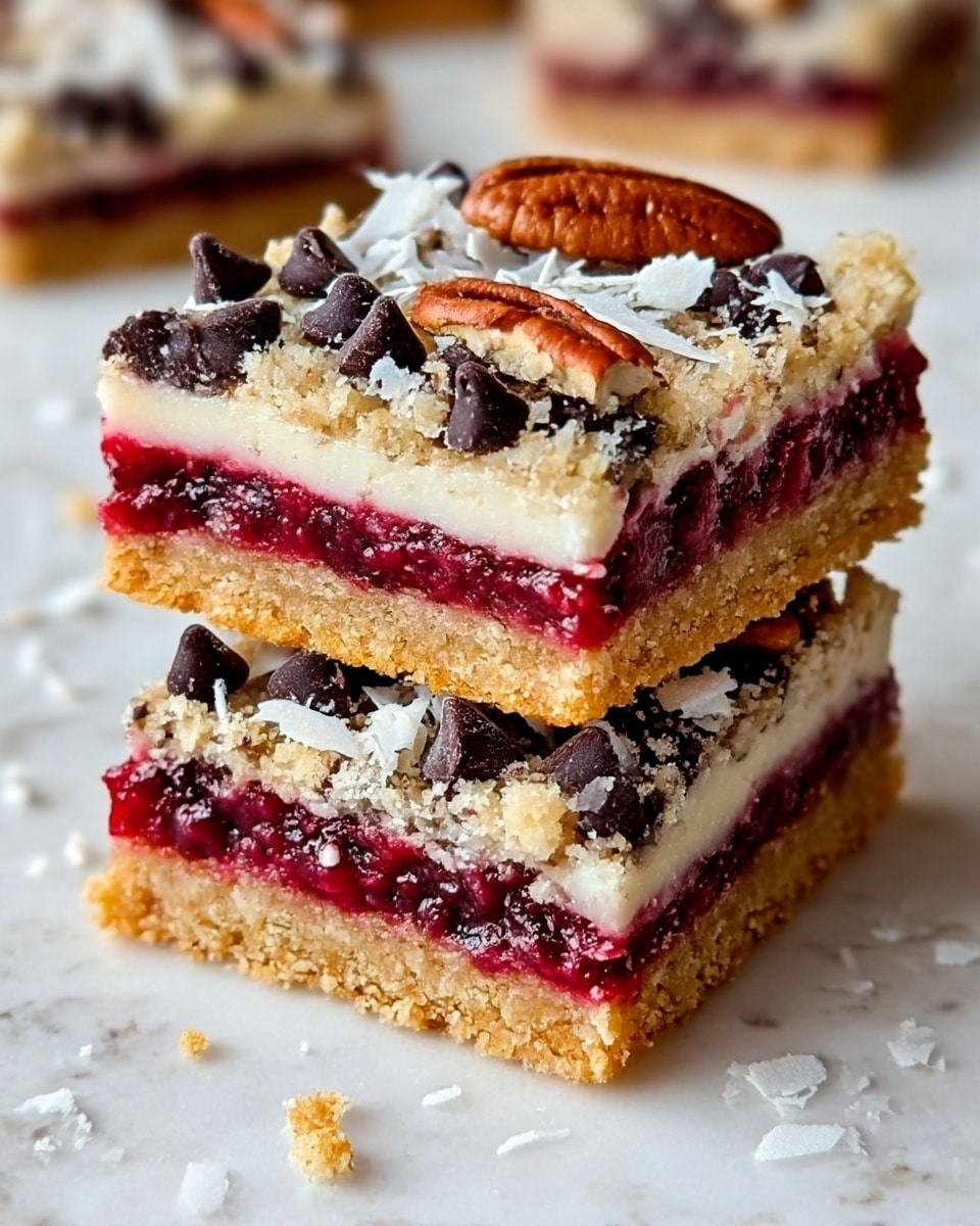 Two stacked berry dessert bars sit on a white marbled surface with some crumbs around them. Each bar has three layers: the bottom layer is a rough, golden-brown crumb crust; the middle layer is a smooth, creamy off-white filling; the top layer is a mix of bright red and dark purple berries, with scattered white coconut flakes and whole pecans adding texture and color on top. The bars appear thick and moist, with the berry layer slightly oozing into the creamy filling below. Photo taken with an iphone --ar 4:5 --v 7