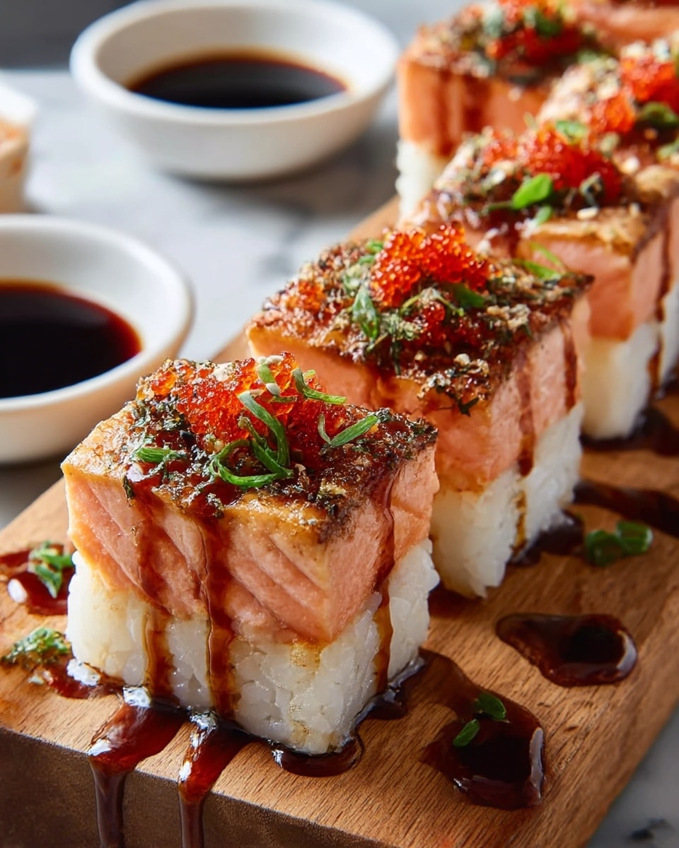 The image shows several pieces of sushi arranged in rows on a wooden board, each piece having two layers: a bottom layer of white sticky rice with a slightly grainy texture, and a top layer of thick, grilled salmon with a slightly charred surface, glazed with a dark, shiny sauce that drips down the sides. The salmon is sprinkled with tiny red roe and bright green chopped scallions, adding pops of color and texture. Small white sesame seeds are scattered over the top, and there are splashes of sauce on the wooden board. In the blurred background, there are two small white bowls with dark soy sauce. The whole scene is set on a white marbled surface. Photo taken with an iphone --ar 4:5 --v 7