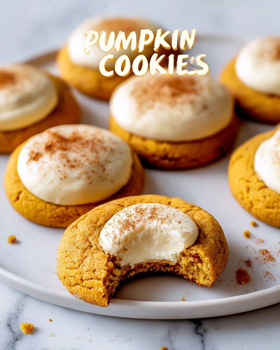 The image shows a close-up of pumpkin cheesecake cookies arranged on a white plate with a few crumbs scattered nearby. Each cookie has two layers: the bottom layer is a soft, thick pumpkin cookie in a warm orange color with a slightly cracked texture, and the top layer is a smooth, creamy white cheesecake dollop sitting in the center, lightly dusted with cinnamon powder. One of the cookies is in the foreground with a bite taken out, revealing the creamy cheesecake interior contrasting with the firm cookie base. The background is a white marbled surface, adding a clean and bright look to the scene. Photo taken with an iphone --ar 4:5 --v 7
