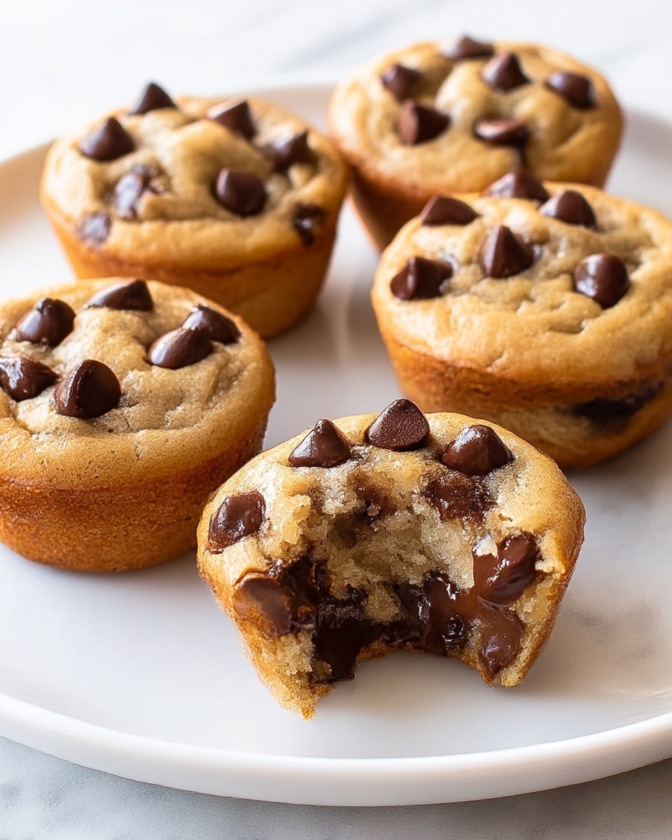 The image shows five small chocolate chip cookie muffins arranged on a white plate, placed on a white marbled surface. Each muffin has a light golden-brown top with visible melting dark chocolate chips scattered on the surface. One muffin at the front has a bite taken out, showing a soft, dense inside filled with melted chocolate. The edges of the muffins are slightly darker, and the texture looks moist yet firm. The light and shadows highlight the shiny melted chocolate and soft texture of the muffins. Photo taken with an iphone --ar 4:5 --v 7