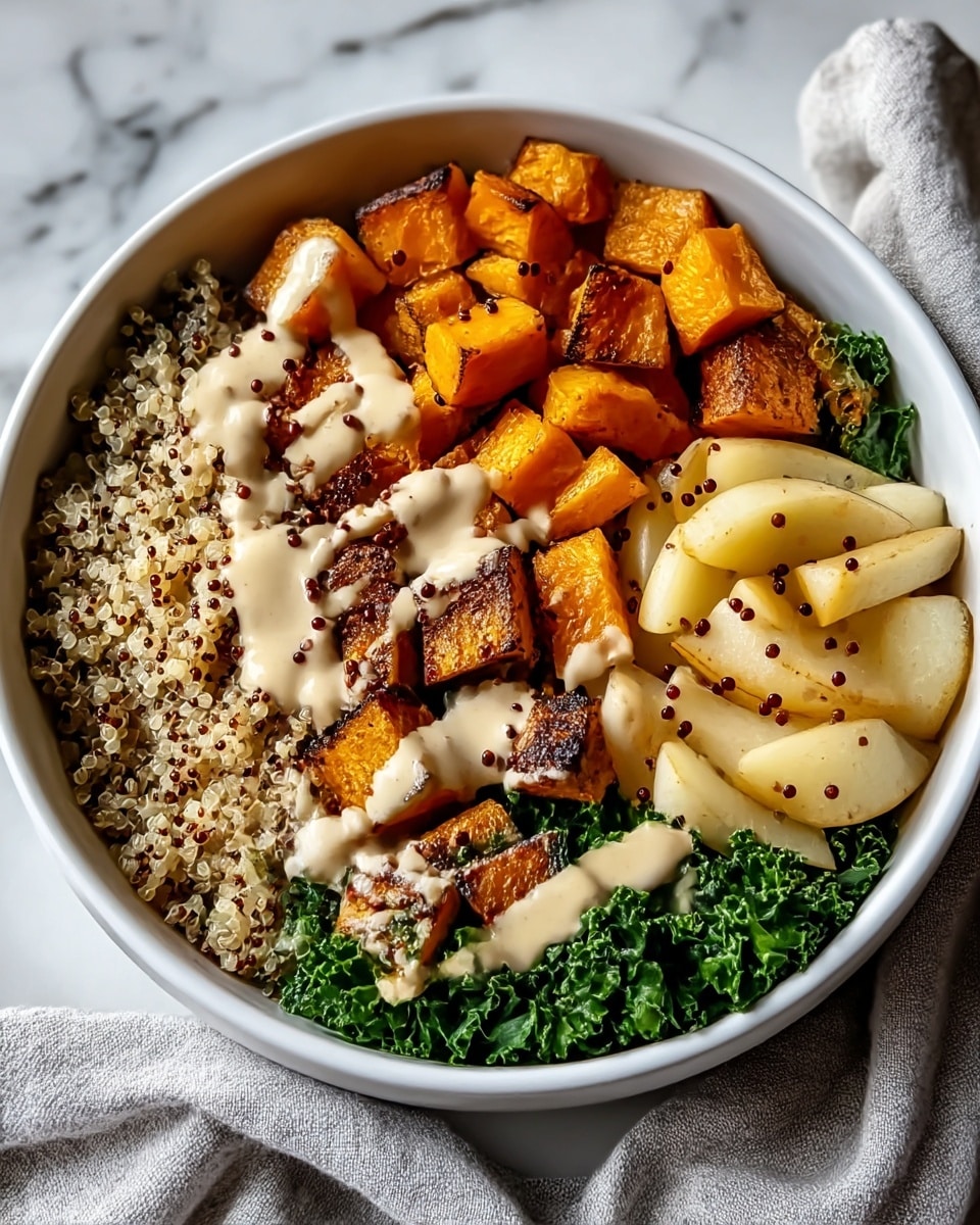 A white bowl filled with a layered healthy dish on a white marbled surface. The bottom layer is a bed of cooked quinoa, light beige with tiny round grains. On top of the quinoa, there are three groups of toppings arranged side by side: roasted butternut squash cubes in deep orange with charred edges on the left, chopped yellow pear pieces in the middle, and a bunch of dark green kale leaves on the right. A light beige creamy dressing is drizzled over the whole bowl in thin lines, and a few small seeds or grains are sprinkled on top. Photo taken with an iphone --ar 4:5 --v 7