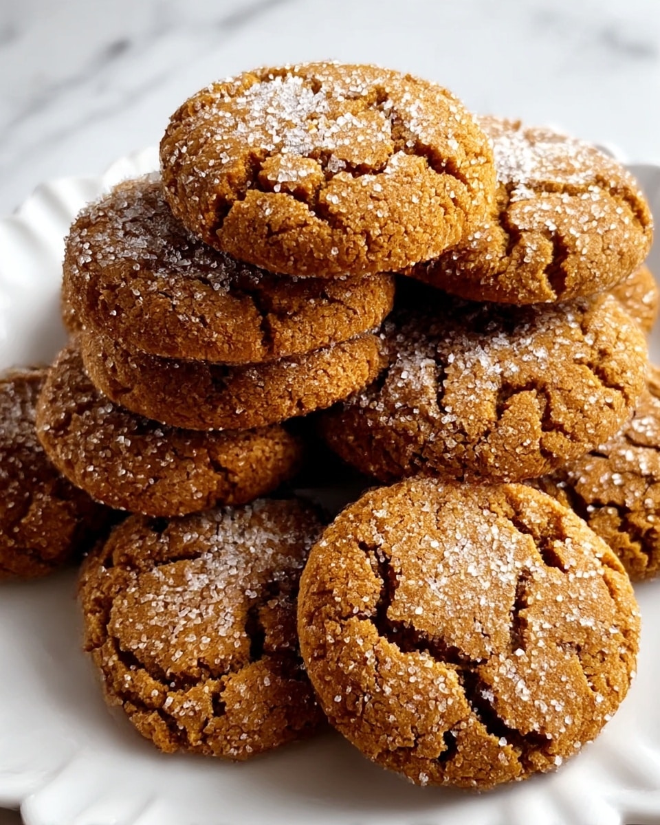 A close-up view of a pile of round, golden-brown cookies with a cracked surface and a crystal sugar coating that sparkles in the light. The cookies have a rough texture and are stacked on a white plate with scalloped edges, creating a cozy and warm feel. The background shows a white marbled texture that adds a clean and simple look to the image. photo taken with an iphone --ar 4:5 --v 7