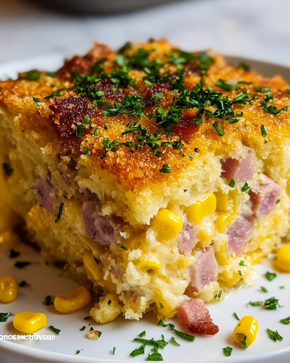 A close-up of a square slice of cornbread casserole on a white plate, showing three main layers: the base is a soft, light yellow cornbread mixed with whole yellow corn kernels and pieces of ham, the middle is a moist, creamy layer blending cheese and corn, and the top is a crispy golden-brown crust sprinkled with small crunchy crumbs and chopped green parsley. The casserole looks thick and hearty with a textured surface. The white plate sits on a white marbled surface with bits of parsley scattered around. photo taken with an iphone --ar 4:5 --v 7