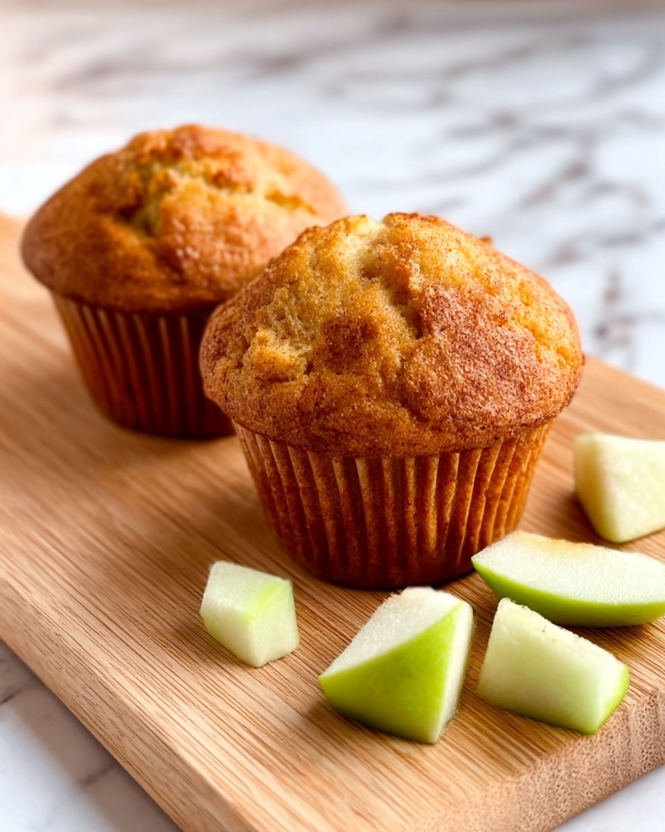 The image shows two golden-brown muffins with a slightly cracked top, resting on a light wooden cutting board. To the left of the muffins, there are small, diced green apple pieces with white inside and bright green skin. The background features a white marbled surface. The lighting is soft, highlighting the texture of the muffins and the freshness of the apple pieces. Photo taken with an iphone --ar 4:5 --v 7