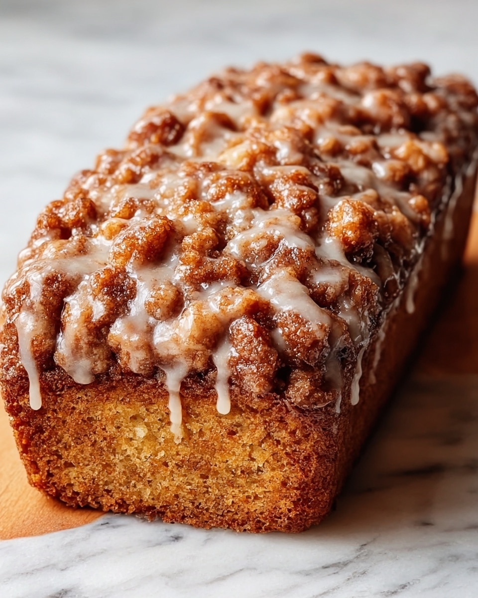 The image shows a rectangular cinnamon roll bread with a rough and chunky top layer made of dark brown cinnamon bits that are unevenly spread. The top is covered in a shiny white glaze that drips down slightly on the sides, making the bread look sticky and sweet. The bread sits on a wooden textured surface with some glaze dripped around it. The top has a bumpy texture with golden and darker brown spots, showing a mix of soft dough and crispy cinnamon bits. Photo taken with an iphone --ar 4:5 --v 7