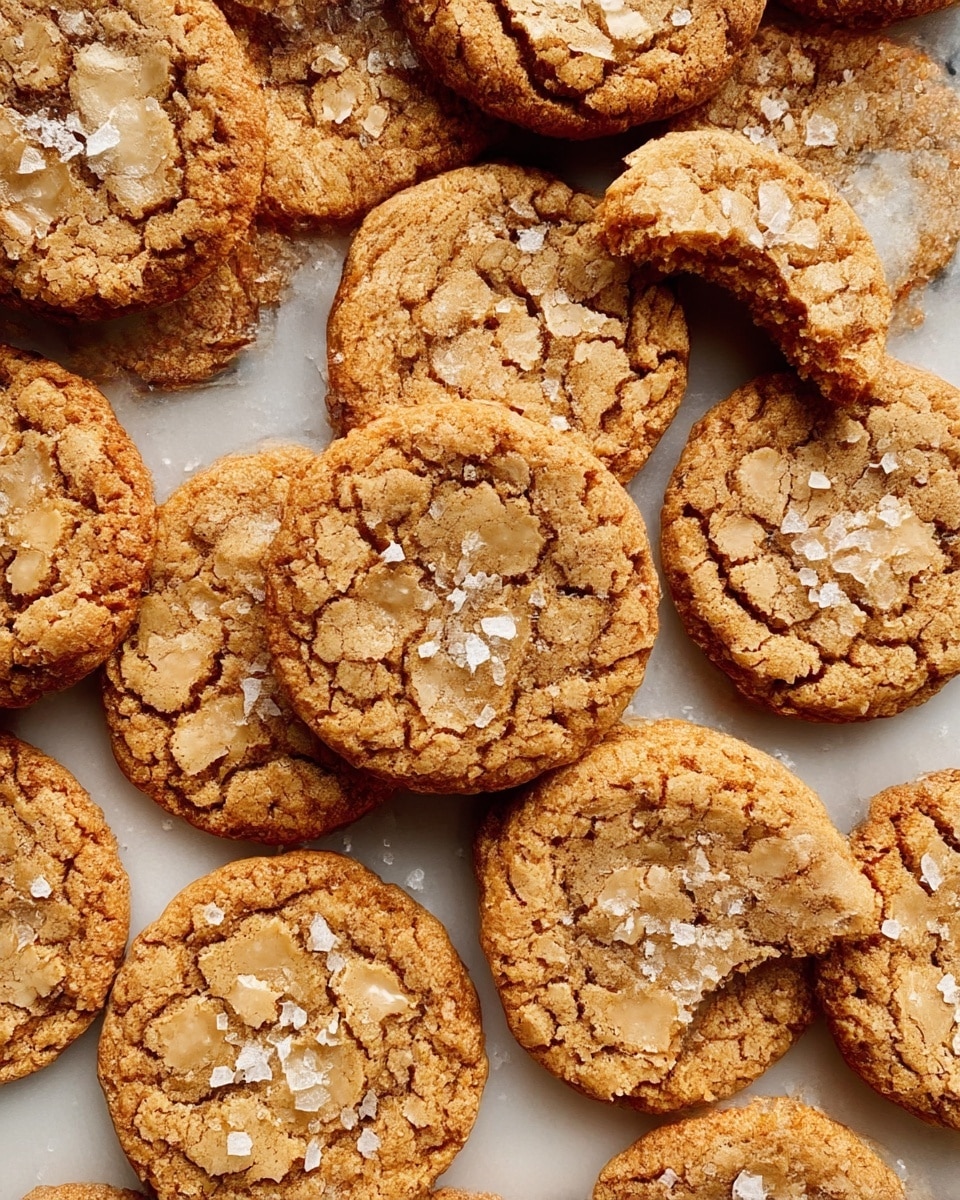 A close-up top view of many round, light brown cookies with a cracked texture, sprinkled with coarse salt crystals on a flat white marbled surface. Each cookie has uneven shiny patches within the cracks, giving a slightly glossy look. Some cookies are touching, and one cookie is broken, showing a crumbly inside. The cookies have a mix of soft and crispy edges with a warm golden-brown color, and the overall arrangement looks casual and inviting. photo taken with an iphone --ar 4:5 --v 7