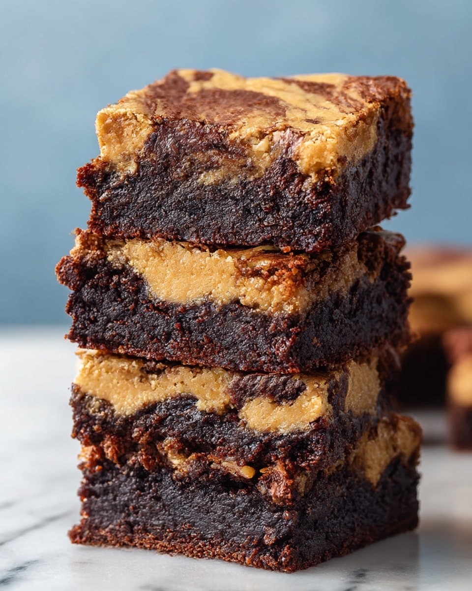 A close-up view shows a stack of three thick brownies with three main layers visible in each piece. The bottom layer is dark brown with a rich, moist chocolate texture. Above it is a lighter, creamy beige layer that looks smooth and swirled slightly into the chocolate. The top layer is thin and has a golden brown, slightly crispy crust. The brownies sit directly on a white marbled surface, with other brownies blurred softly in the background. Photo taken with an iphone --ar 4:5 --v 7