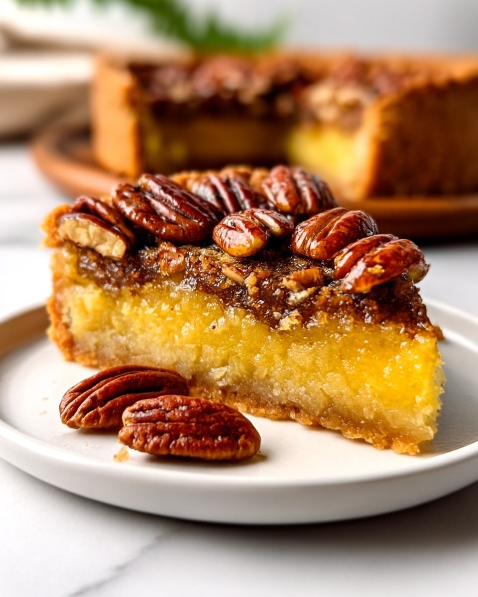 The image shows a close-up slice of a pecan cake on a white plate, placed on a white marbled surface. The cake has two main layers: the bottom layer is a soft, yellow cake with a slightly crumbly texture, and the top layer is a glossy caramel-like topping covered with whole, shiny brown pecans arranged closely together. A few pecans rest on the plate beside the cake slice. The background includes a blurred view of additional cake pieces. Photo taken with an iphone --ar 4:5 --v 7