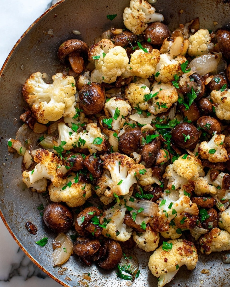 The image shows a pan filled with cooked cauliflower and mushrooms. There are two main layers: the bottom layer is a mix of browned mushrooms, with different shades of brown and a slightly shiny texture, and pieces of cauliflower that are off-white with some golden brown charred spots. The top layer is sprinkled with small bits of chopped green herbs, adding a fresh color contrast. The pan is round and metallic with a worn surface, sitting on a white marbled texture background. photo taken with an iphone --ar 4:5 --v 7