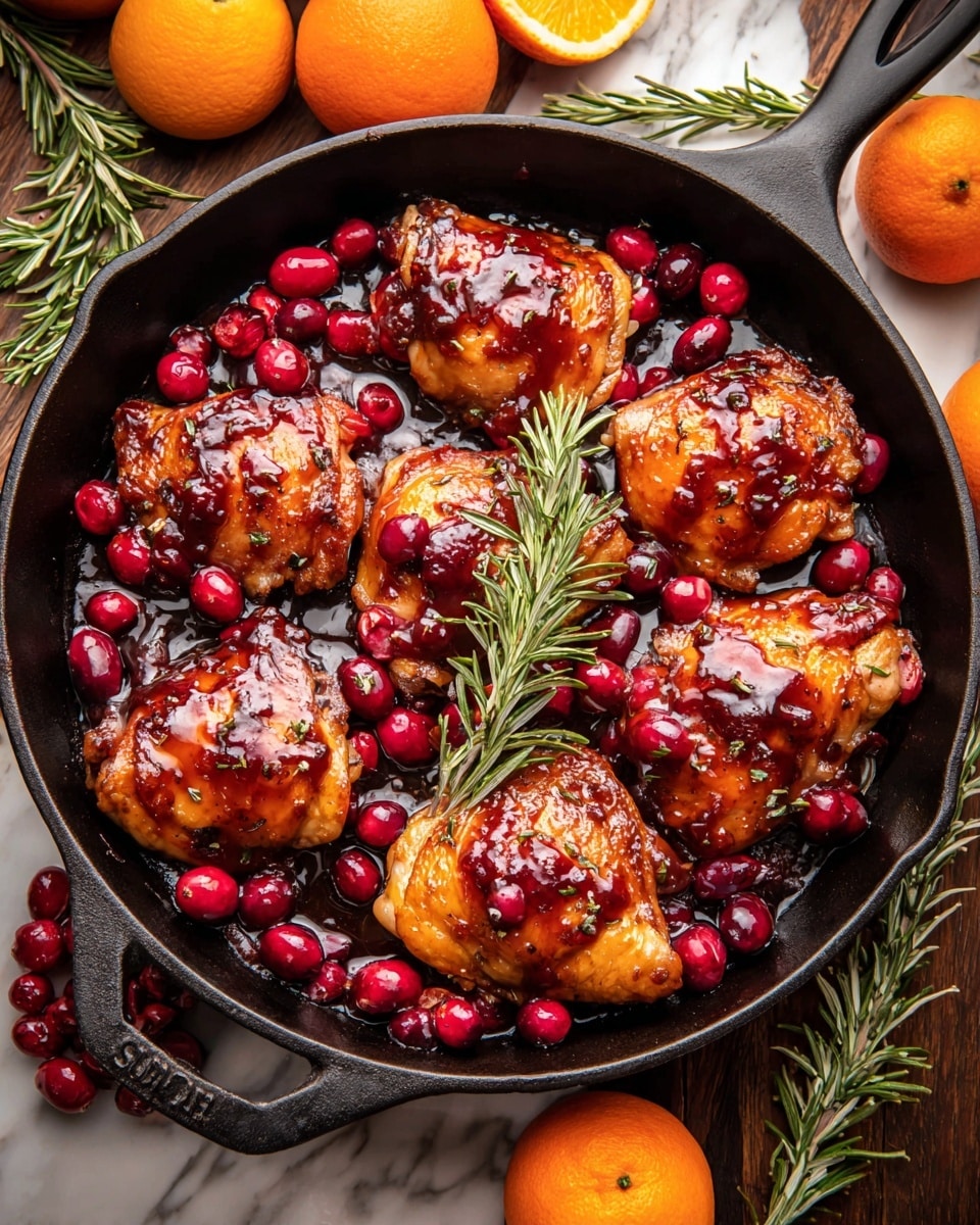 A black cast iron skillet filled with seven pieces of golden-brown cooked chicken thighs arranged in a single layer, topped with a glossy, dark red sauce and scattered bright red cranberries all over. A sprig of fresh green rosemary lies on top of the chicken in the center. Around the skillet, a rustic wooden surface holds whole and halved fresh oranges and extra sprigs of rosemary, all set against a white marbled texture background. Photo taken with an iphone --ar 4:5 --v 7
