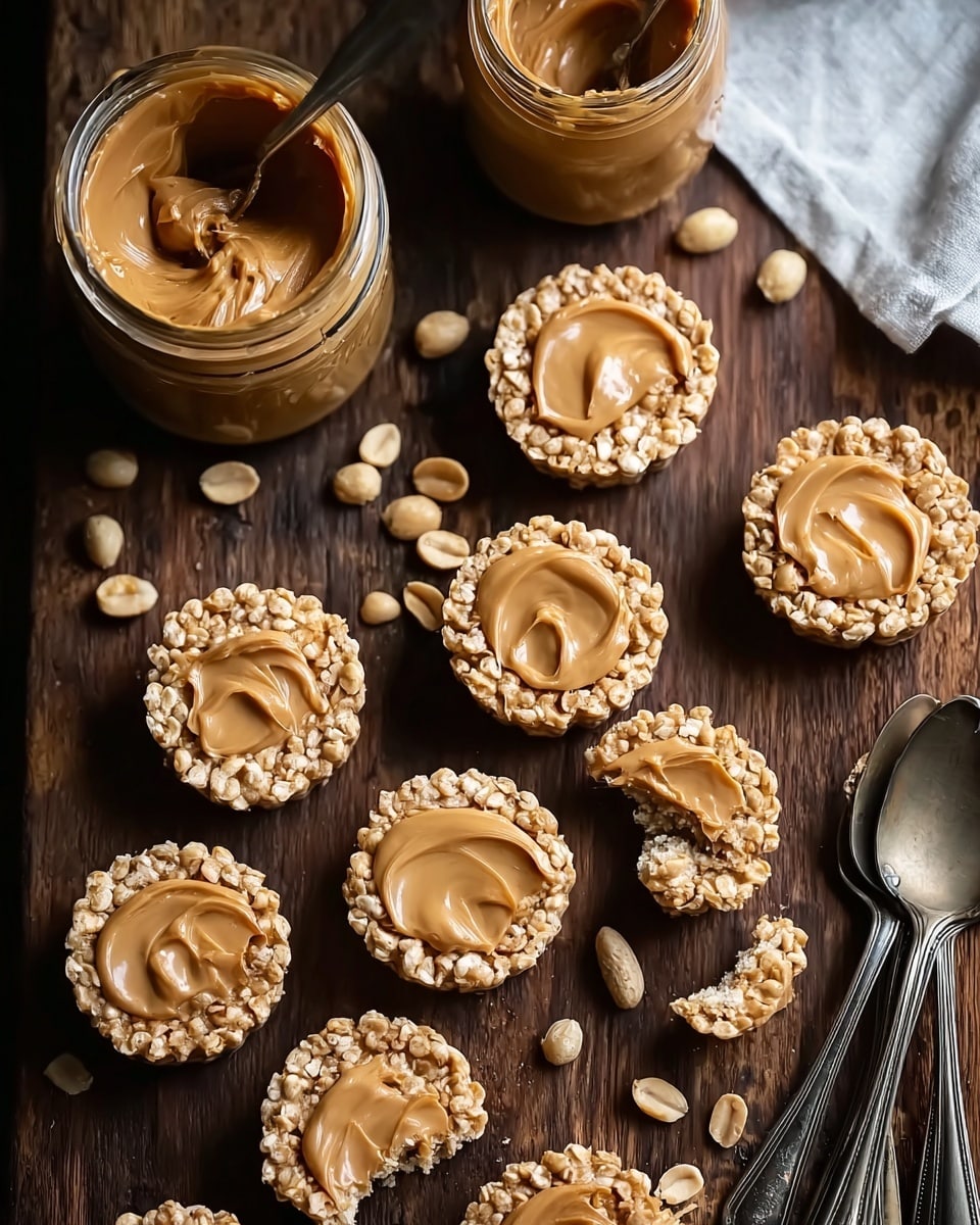 The image shows several small peanut butter cups on a dark wooden surface with a white marbled texture underneath. Each cup has two layers: a bottom layer made of a crunchy peanut and oat mix with a rough, golden-brown texture, and a smooth, creamy peanut butter layer on top with a shiny, light brown color and slight swirl marks. A jar of peanut butter with some scooped out is open, and another full jar is nearby. Peanuts are scattered around the cups, and an old silver spoon is placed to the side. One cup is bitten to show the layers inside. photo taken with an iphone --ar 4:5 --v 7