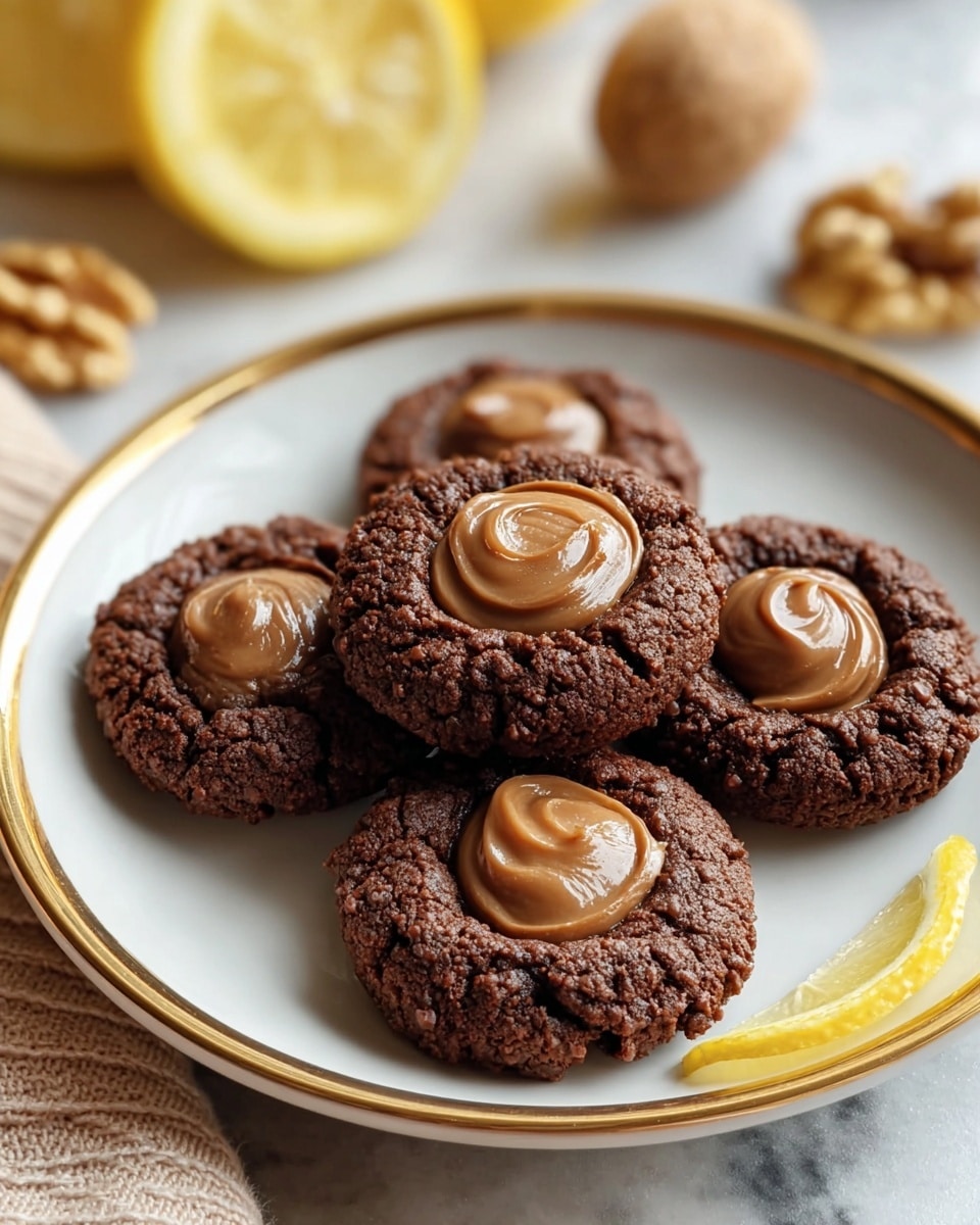 A close-up of four thick, round chocolate cookies arranged on a white plate with a gold rim. Each cookie has a shiny, smooth swirl of creamy milk chocolate filling in the center. The cookies have a dark, rich brown color with a slightly cracked texture. Around the plate, there is a bright yellow lemon slice and a few whole walnuts, all resting on a white marbled surface. The scene is warm and inviting with soft lighting highlighting the cookies' texture and chocolate filling. photo taken with an iphone --ar 4:5 --v 7