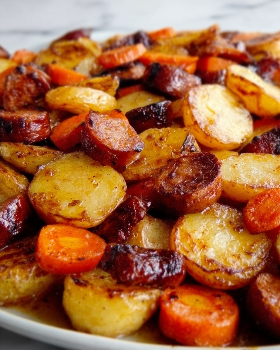 The image shows a white plate filled with a colorful mix of roasted vegetables and sausage pieces. The bottom layer consists of golden-brown potato wedges with a slightly crispy texture. Above the potatoes, there are sliced carrots in bright orange, adding a soft contrast. Scattered throughout are chunks of sausage, dark reddish-brown with a slightly shiny, crispy surface. The food looks well-seasoned with visible herbs and spices. The plate is set on a white marbled background. Photo taken with an iphone --ar 4:5 --v 7