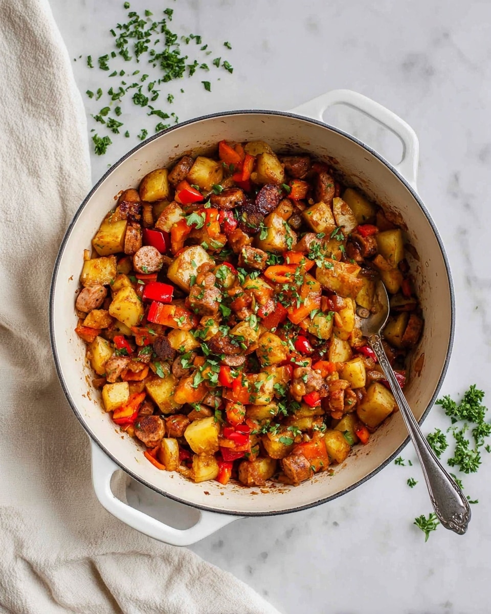A white round pot filled with a cooked mix of diced potatoes, sliced sausage, chopped red bell peppers, and small pieces of carrots, all browned and mixed together with a sprinkle of chopped green herbs on top. The food has a slightly crispy texture and warm colors like golden brown, orange, and red. There is a silver spoon resting inside the pot on the right side. The pot is placed on a white marbled surface with some scattered chopped green herbs around it, and a cream cloth is on the left side near the pot. photo taken with an iphone --ar 4:5 --v 7