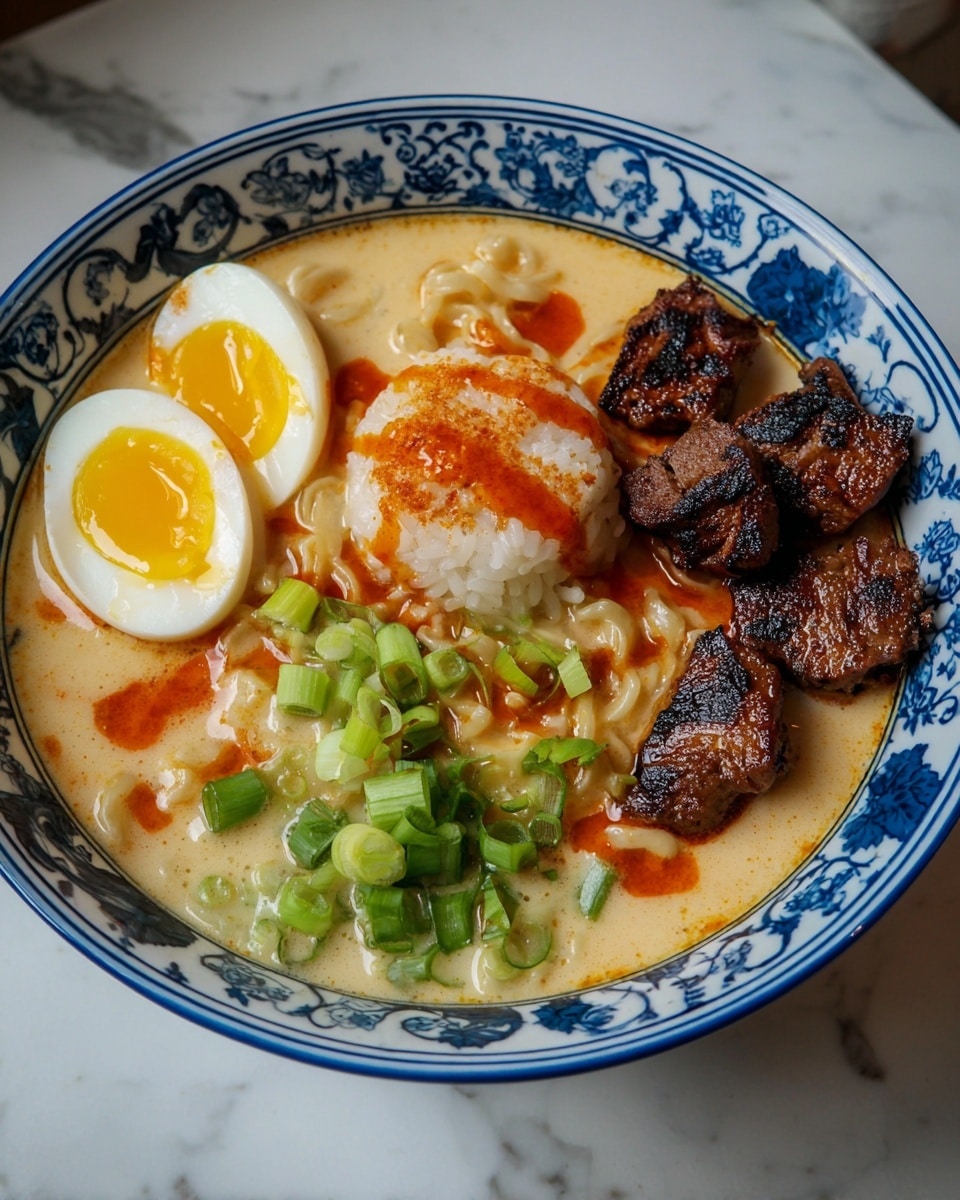 A bowl with blue floral patterns is filled with creamy light brown broth, holding wavy noodles topped with a small mound of white rice that has a drizzle of orange-red spicy sauce on top. To the left, there are two halves of a soft-boiled egg with a bright yellow yolk and smooth white edges. On the bottom right side, there are several grilled dark brown pieces of meat with a slightly charred texture. On the top right, chopped green onions add a fresh green contrast. The bowl rests on a white marbled surface. Photo taken with an iphone --ar 4:5 --v 7