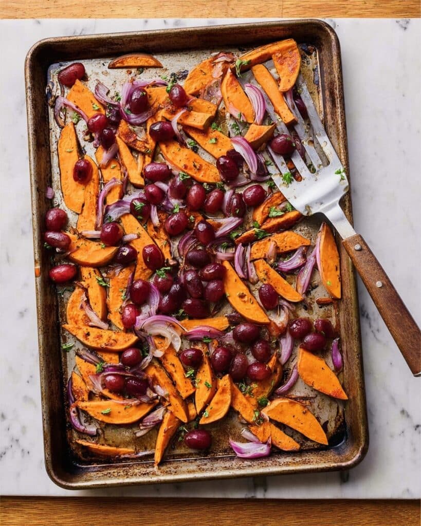 Sheet Pan Roasted California Grapes and Sweet Potatoes Recipe