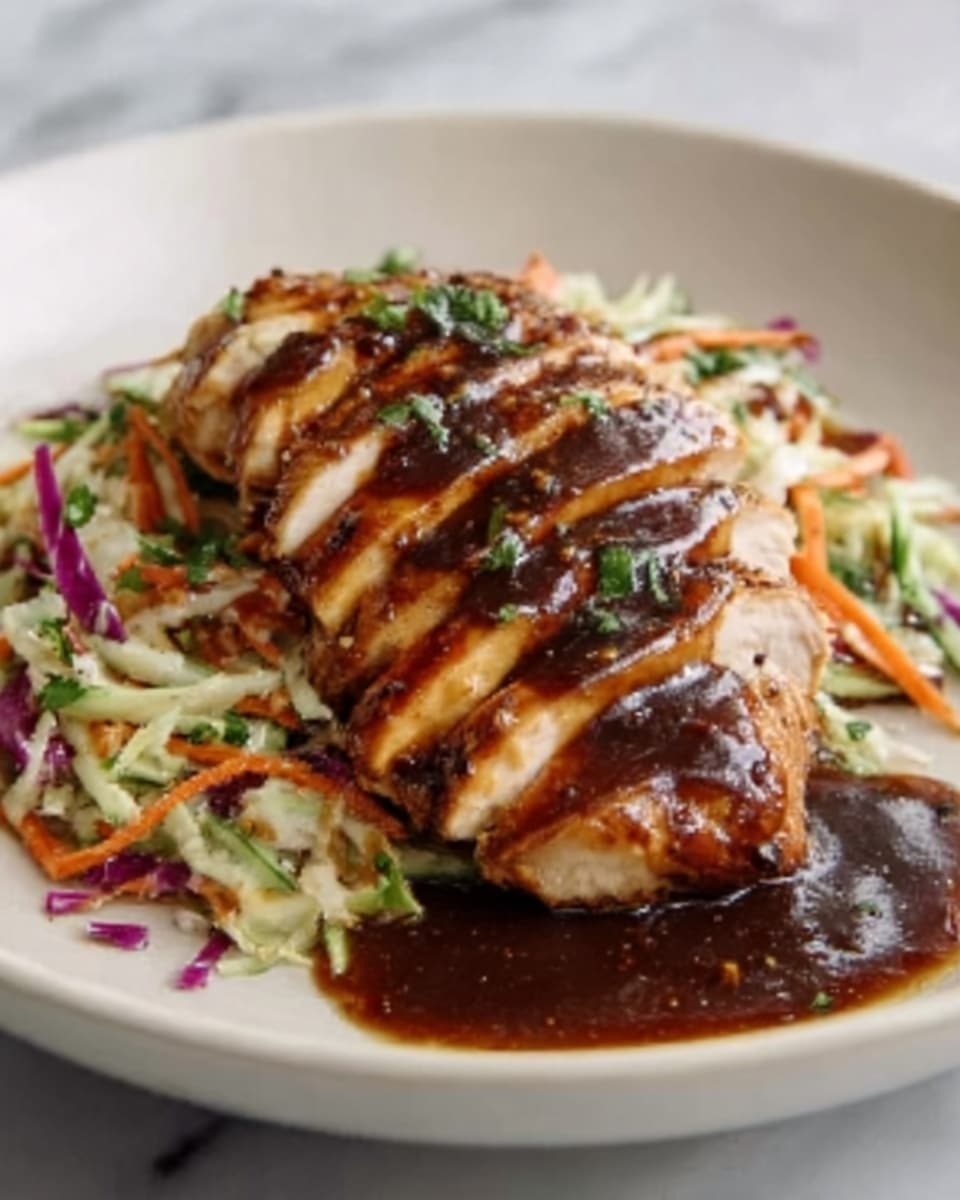 The dish shows sliced grilled chicken breast arranged neatly on a white round plate, covered in a thick, glossy dark brown sauce that drips slightly onto the plate. Under the chicken, there is a bed of mixed salad with shredded purple cabbage, orange carrot strips, and light green celery, adding a colorful contrast. The texture of the chicken looks moist and tender, and the salad appears fresh and crunchy. The background is a white marbled surface. The photo taken with an iphone --ar 4:5 --v 7