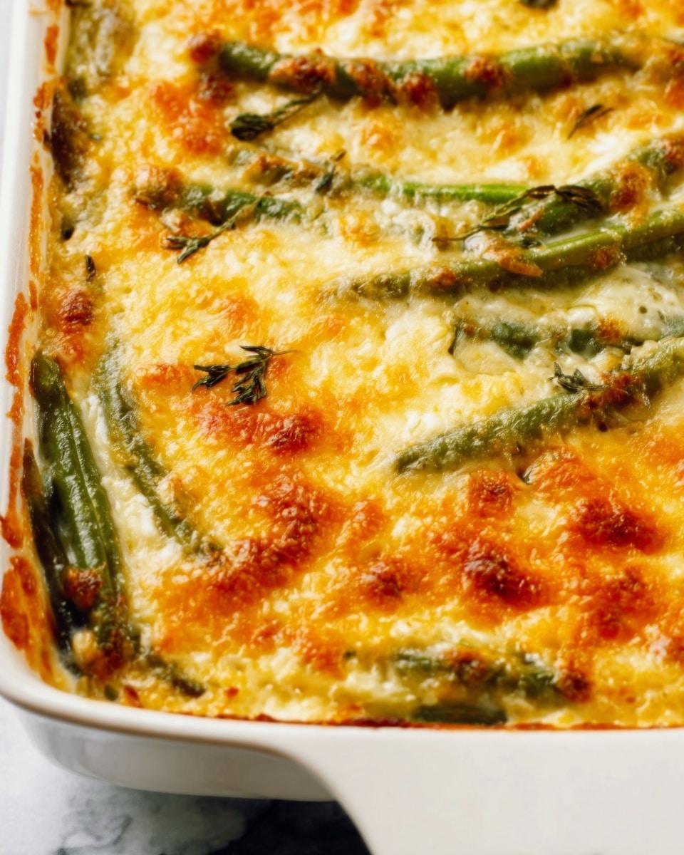 A close-up view of a baked casserole in a white rectangular dish, featuring layers of golden melted cheese on top with hints of orange and light brown from bubbling and slight browning. Green beans are layered just beneath the cheese, their green color visible through the uneven cheese layer. The texture of the cheese is smooth with some crispy edges, and the green beans appear soft and tender. The casserole is resting on a white marbled surface. photo taken with an iphone --ar 4:5 --v 7